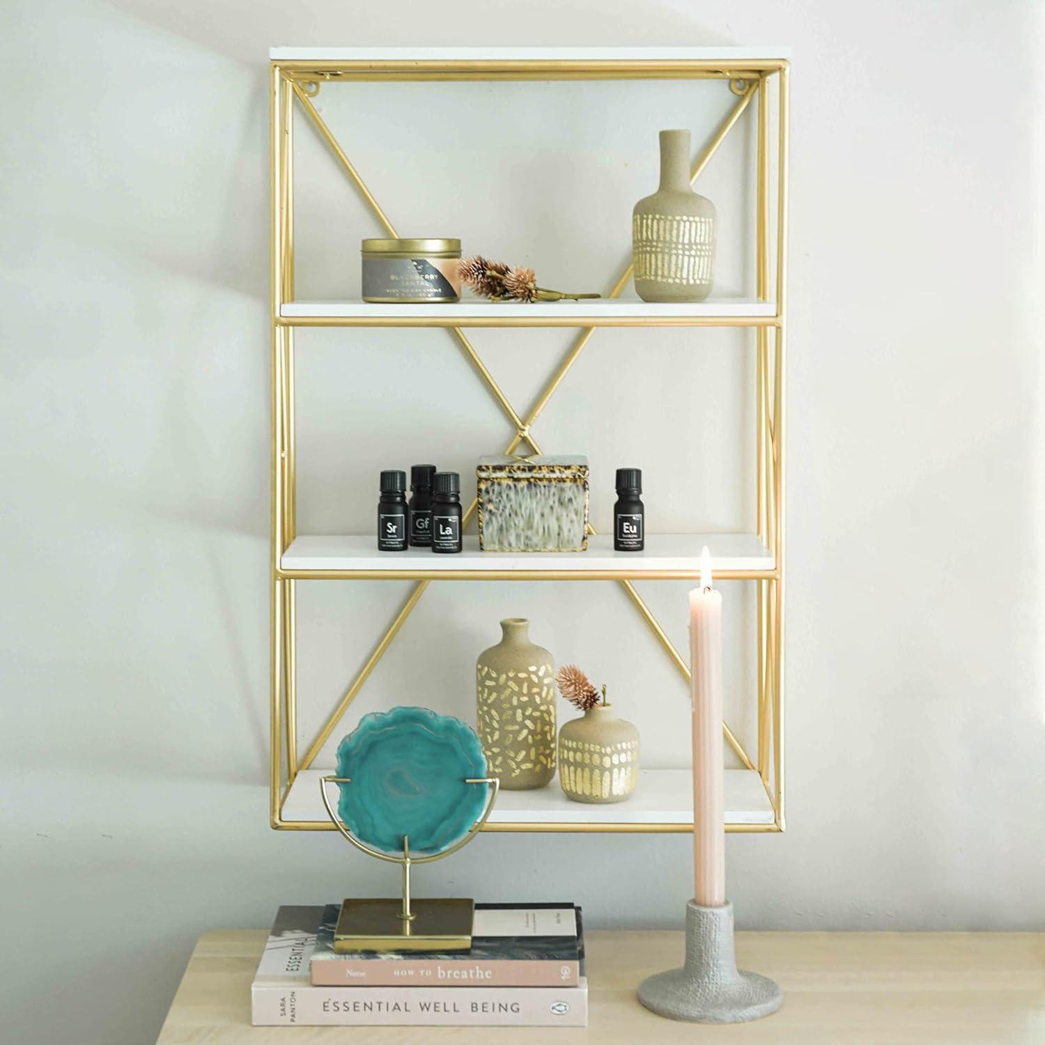 White and Gold 4-Shelf Wood Wall Unit