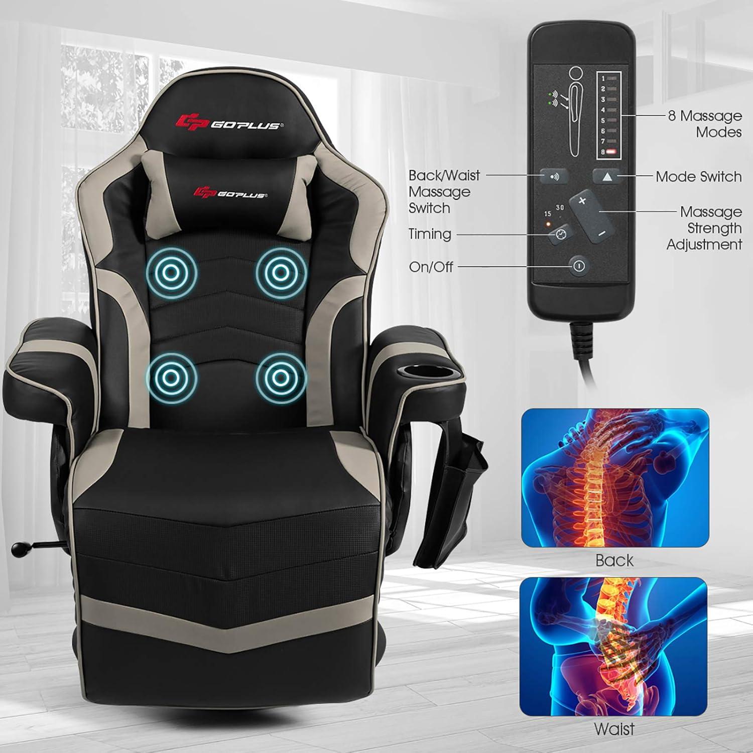 Costway Massage Gaming Recliner Reclining Racing Chair Swivel Gray