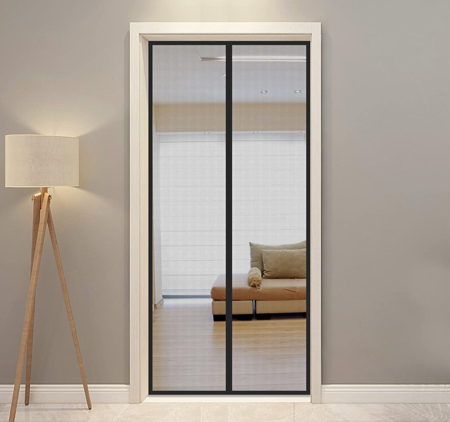 34 in. x 82 in. Black Fiberglass Magnetic Screen Door Heavy Duty Mesh Curtain Bi-Parting