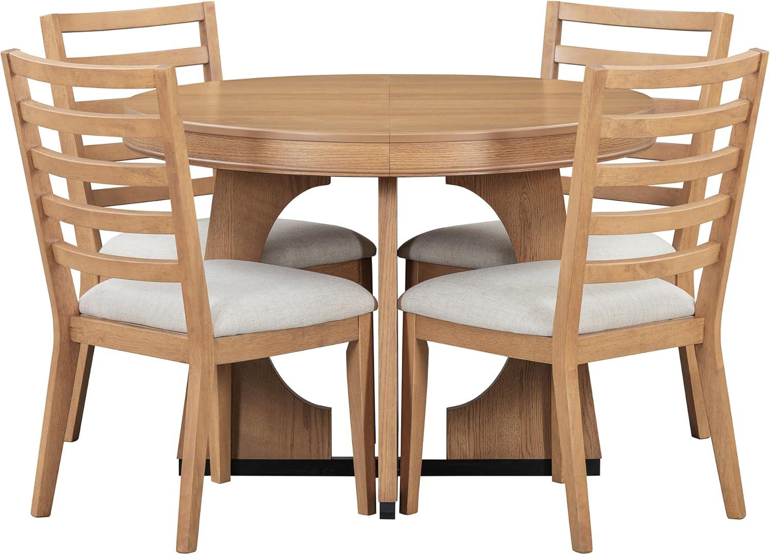 Natural Wood Extendable Round Dining Table Set with 4 Upholstered Chairs