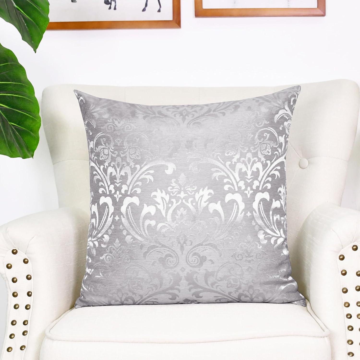 Silver Gray Polyester Damask Floral 18" Throw Pillow Covers, Set of 2