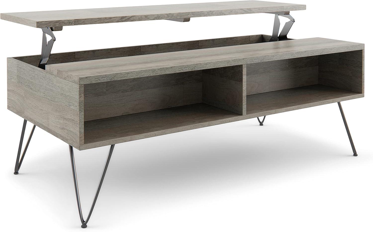 Hunter 48"W Solid Wood Industrial Lift Top Coffee Table with Hidden Storage and Metal Hairpin Legs