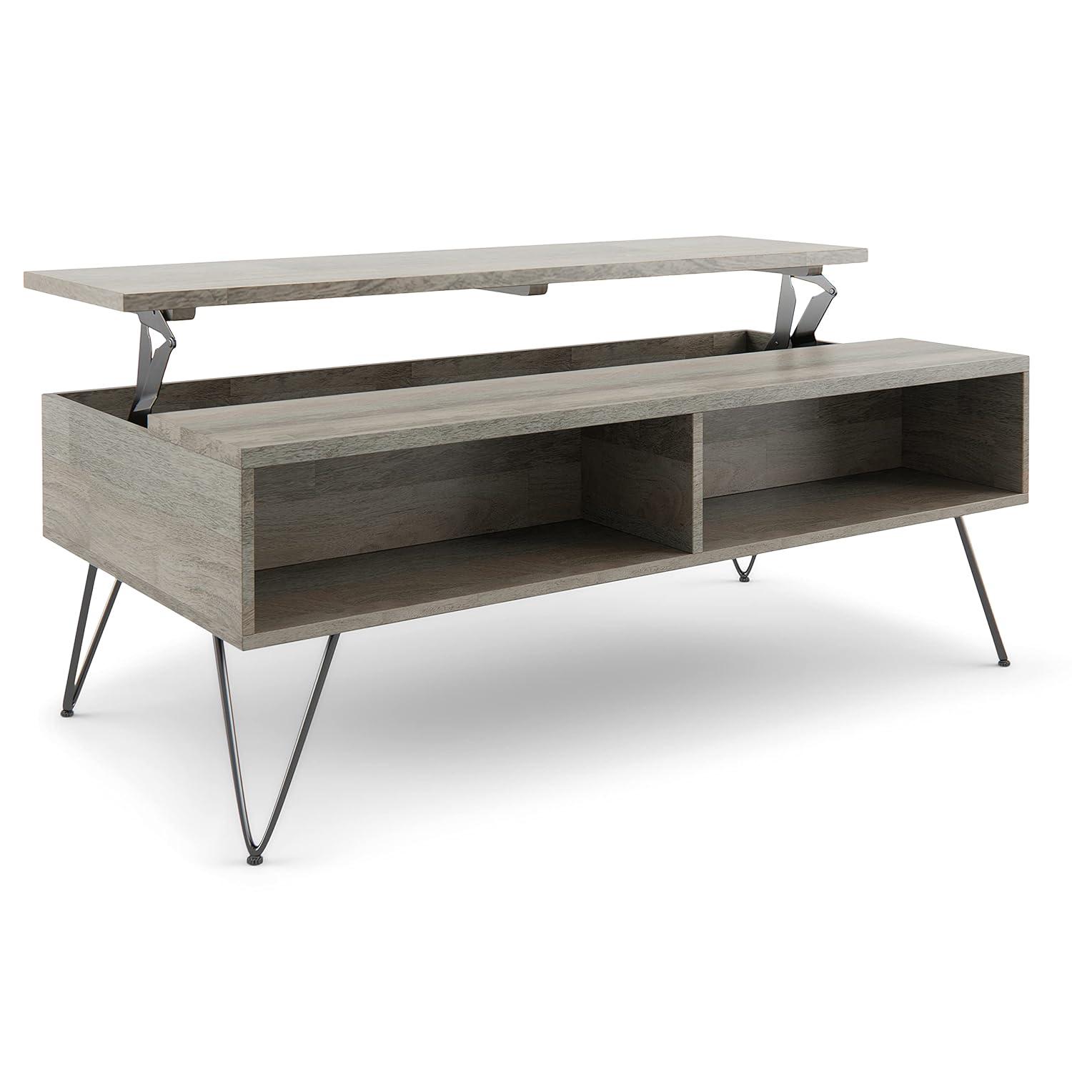 Hunter 48"W Solid Wood Industrial Lift Top Coffee Table with Hidden Storage and Metal Hairpin Legs