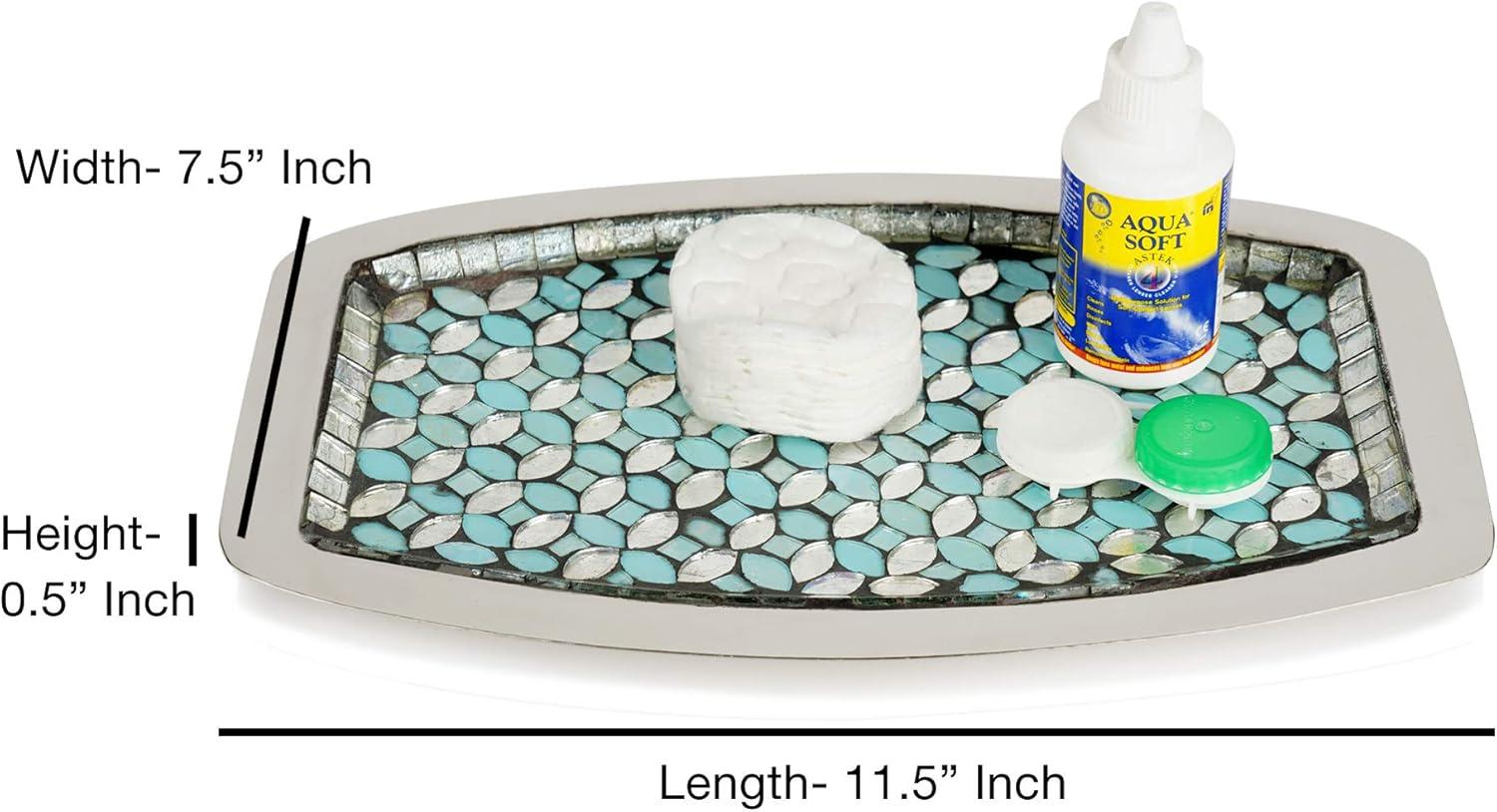 nu steel Sea Foam Bright-Colored Mosaic Glass/stainless steel Vanity Tray Organizer for Makeup Brushes, Tissues, Candles, Soap, Hand Towels, Toilet Paper Storage, Mosaic Glass / steel (SF10H)