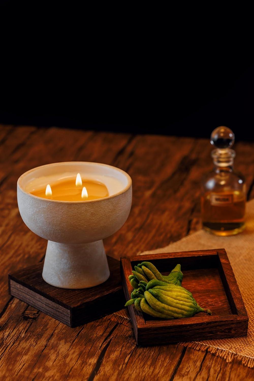 Large Beige Ceramic Soy Wax Candle with Woody Fragrance