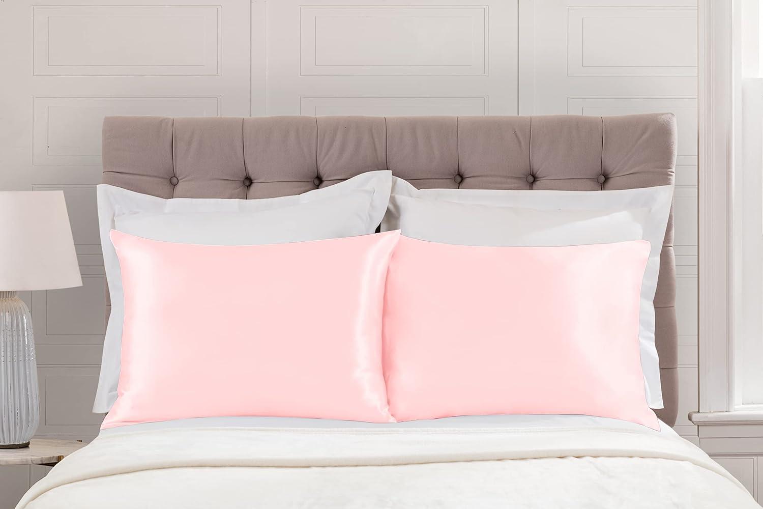 Standard Pink Satin Polyester Pillowcase Set with Zipper