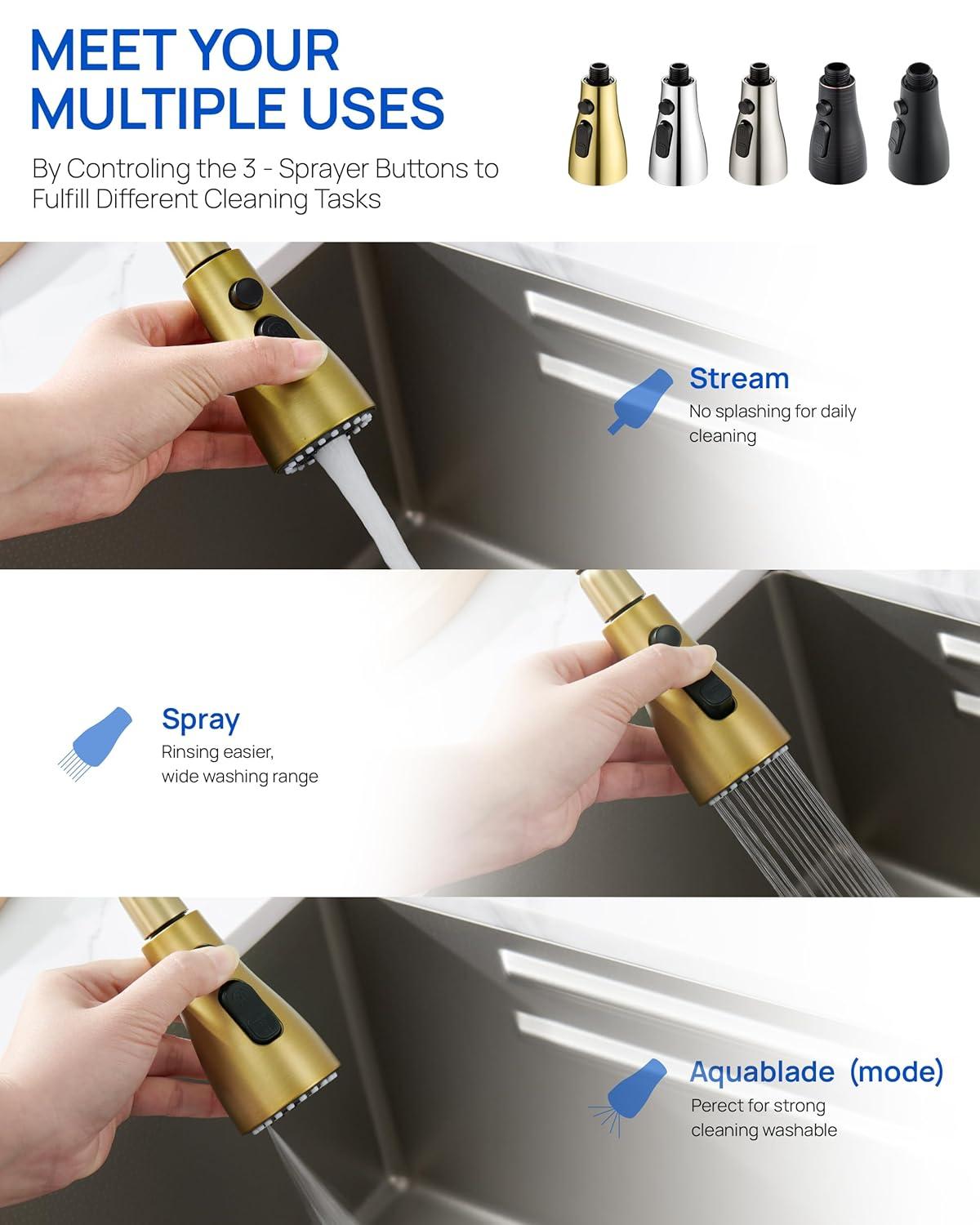 Kitchen Faucet Sprayer Head Replacement - Pull Down Faucet Spray Head with 11 Adapters, Pull Out Faucet Sprayer Nozzle, 3 Function Kitchen Tap Spray Spout Part Connector, Brushed Gold