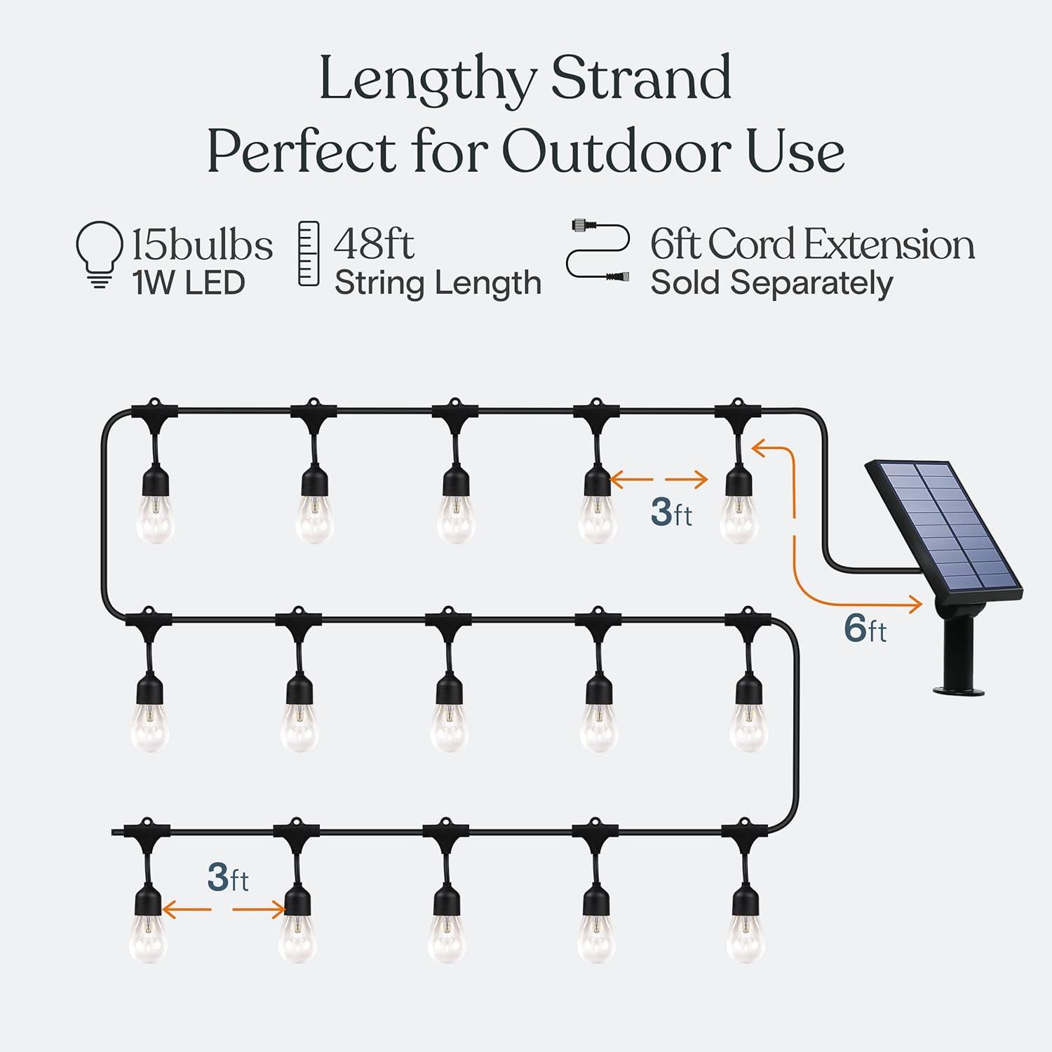 Brightech Ambience Pro 48 ft. Solar-Powered Outdoor LED String Lights with 15 Warm White S14 Bulbs, Weatherproof and Commercial-Grade Cord