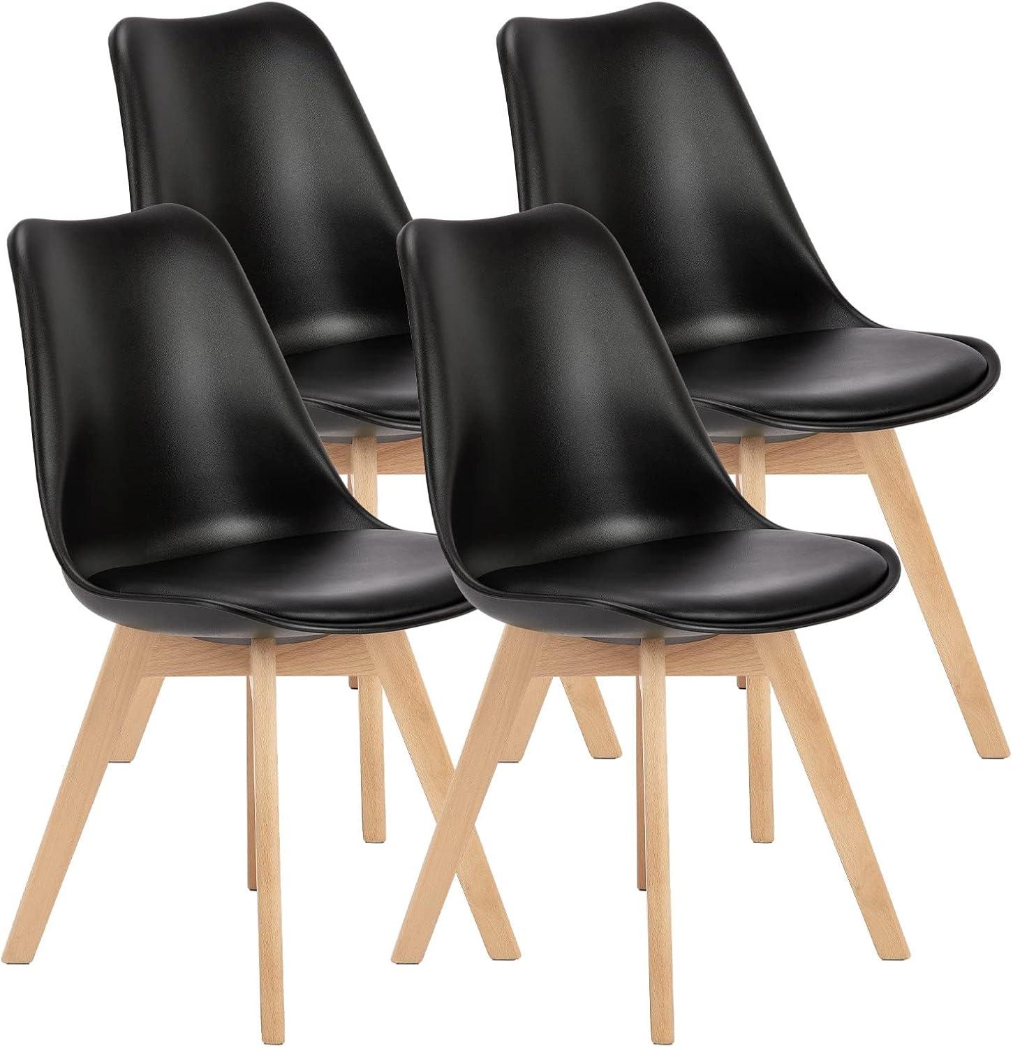 Set of 4 Black Faux Leather and Beech Wood Dining Chairs