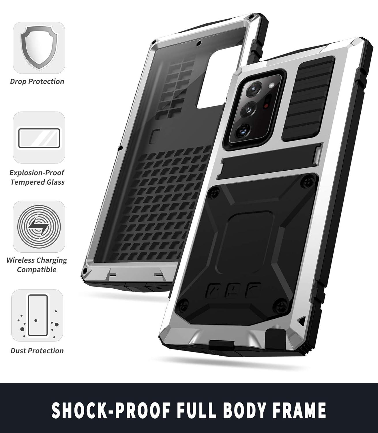 CHENXI for Samsung Galaxy Note 20 Ultra Case, Aluminum Metal Gorilla Glass Waterproof Shockproof Military Heavy Duty Sturdy Protector Cover Hard Case for Samsung Galaxy Note 20 Ultra (Silver)