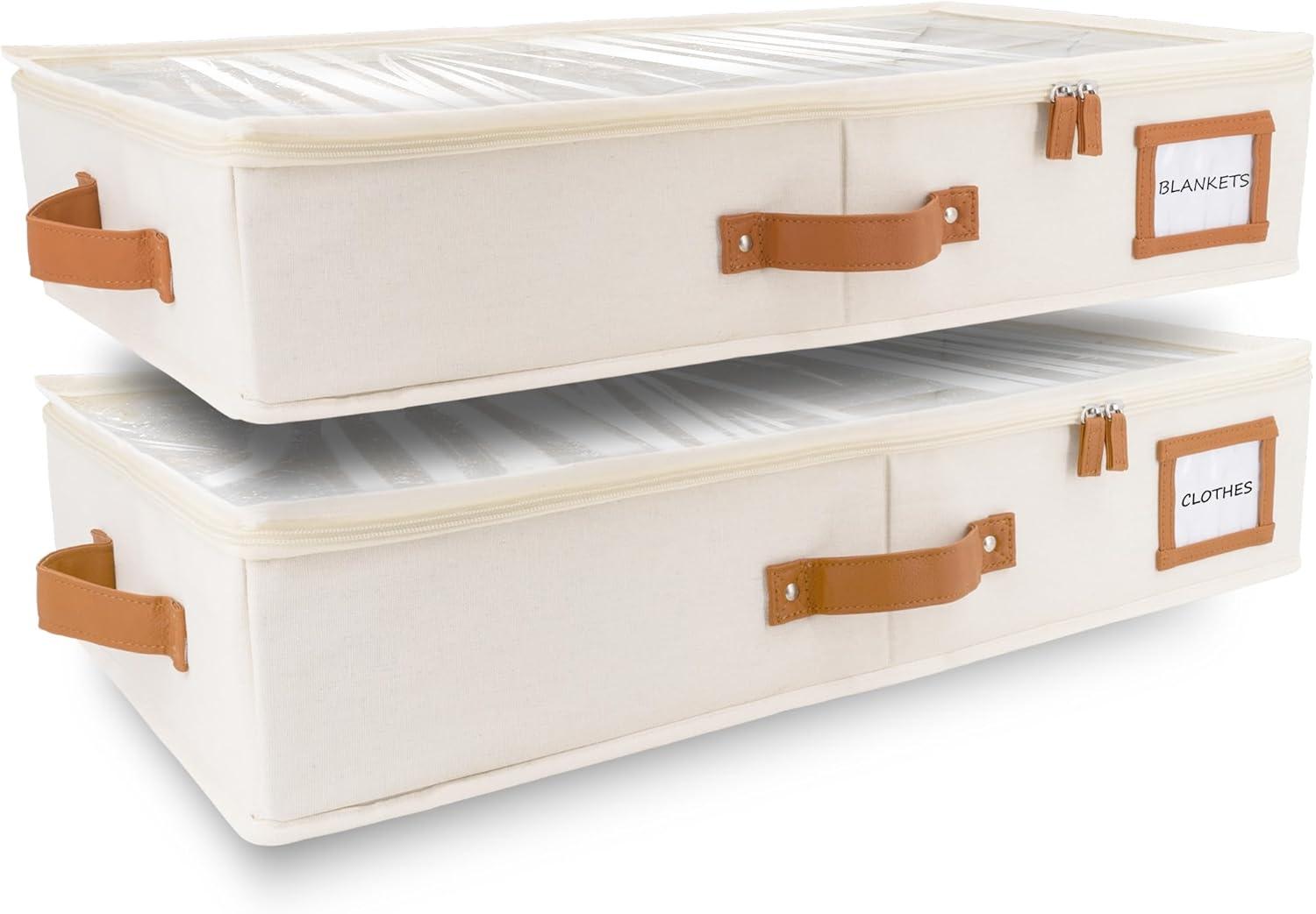 Ivory Canvas Foldable Under Bed Storage Containers with Lids