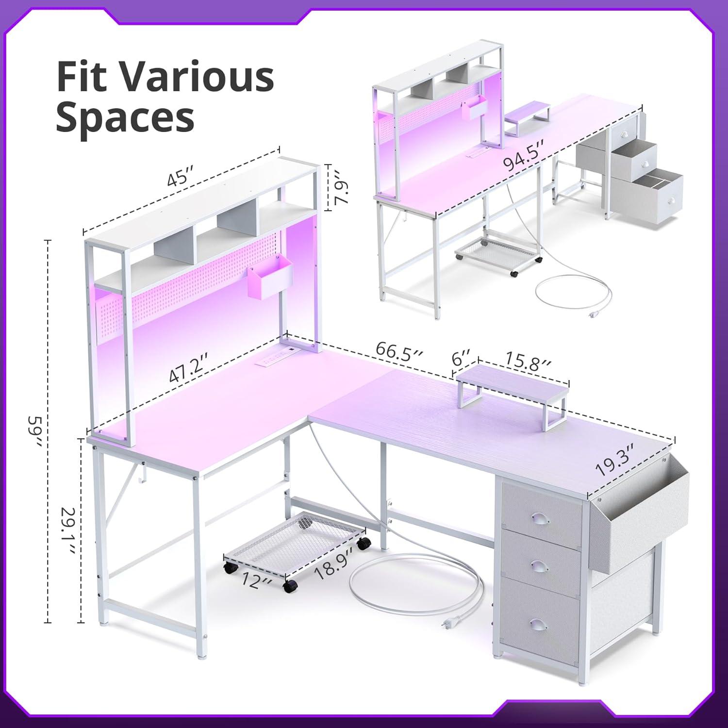 White L-Shaped Gaming Desk with Drawers and USB Port