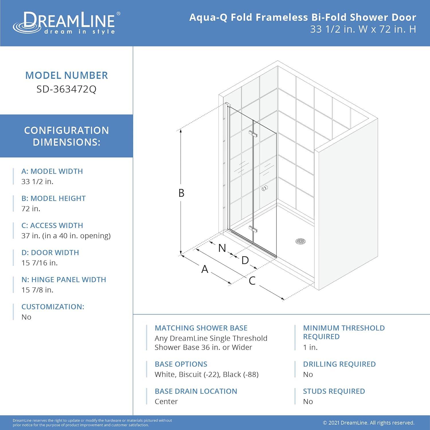 Aqua-Q Fold 33.5 W X 72 H Frameless Square Shower Door