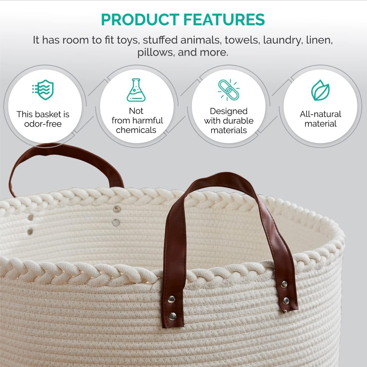 XLarge Round Cotton Rope Storage Basket Bin Organizer Laundry Hamper with Leather Handles, 21 x 21 x 14, Extra Large Blanket Woven Toy Basket for Baby Nursery - Cream