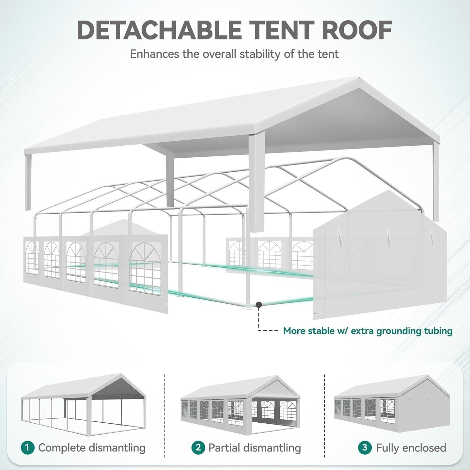 Dextrus 16x32FT Party Tent Heavy Duty PVC Wedding Event Shelters White Upgraded Galvanized Ripple Canopy with Large Roof Removable Sidewalls & 3 Storage Bags 600D Oxford Commercial