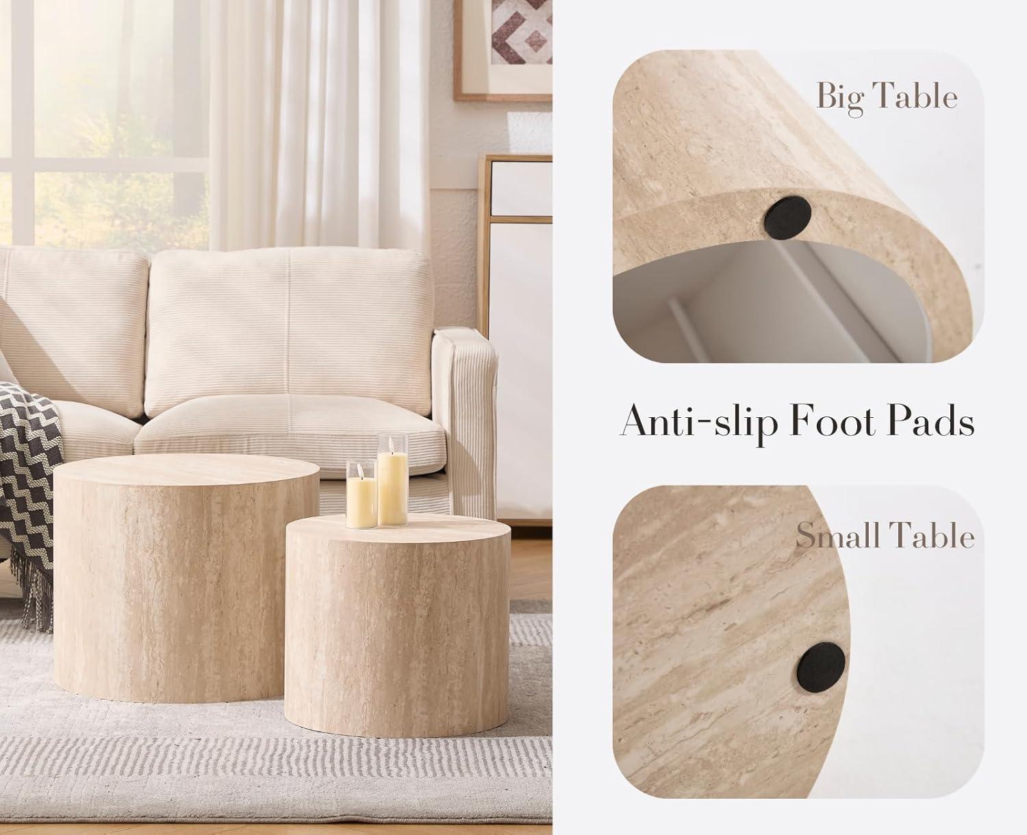 Latitude Run® Set of 2 Modern Round Wood Nesting Coffee Table Circle Travertine End Side Table Sets