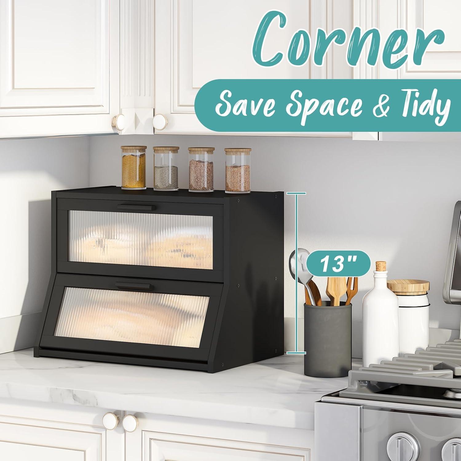 Black Large Bread Box for Kitchen Counter, Bamboo Wooden Double Layer Large Capacity Bread Storage Bin with Acrylic Wavy Door Panel (Black)