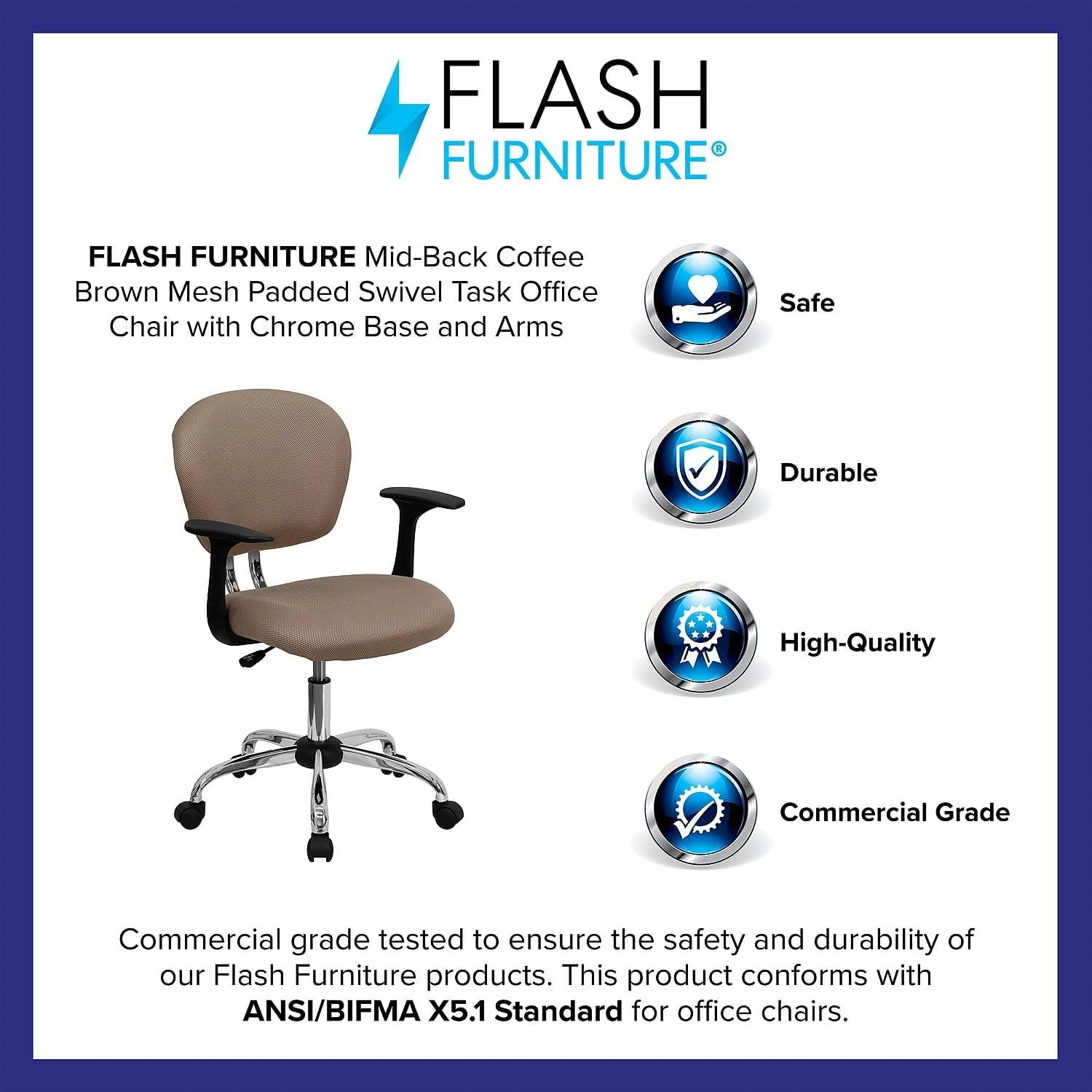 Flash Furniture Beverly Mid-Back Coffee Brown Mesh Padded Swivel Task Office Chair with Chrome Base and Arms