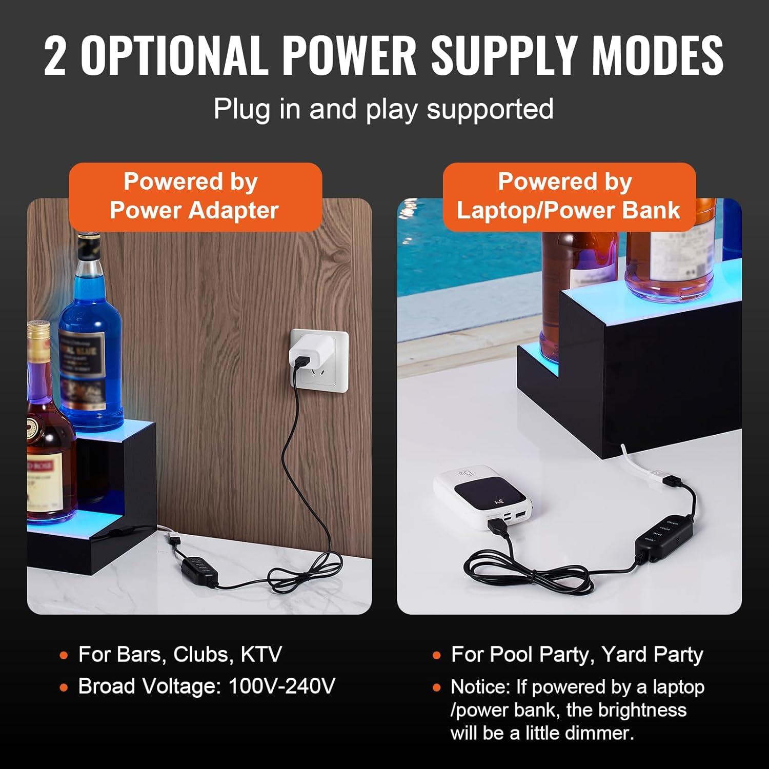 VEVOR LED Lighted Liquor Bottle Display, 2 Tiers 48 Inch Commercial Illuminated Home Bar Shelf, 2 Steps Whiskey Rack Stand, Acrylic Drink Shelves with RF Remote & App Control, and Multicolor Lighting