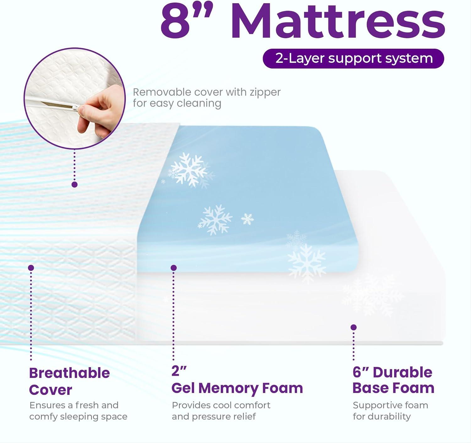 GAESTE 8" Cooling Gel Memory Foam Mattress in a Box Medium Firm Pressure Relief with Breathable Cover, Adult, Twin