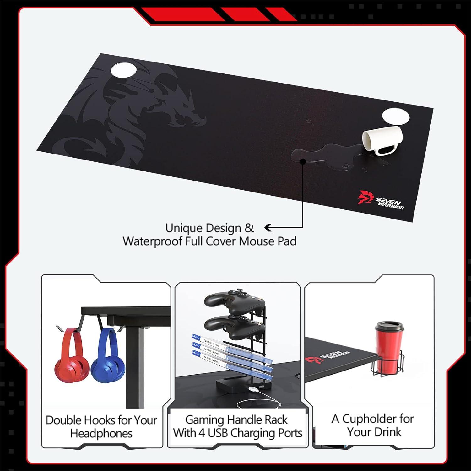 SEVEN WARRIOR Gaming Desk 60 INCH, T- Shaped Carbon Fiber Surface Computer Desk with Full Desk Mouse Pad, Ergonomic E-Sport Style Gamer Desk with Double Headphone Hook, USB Gaming Rack, Cup Holder