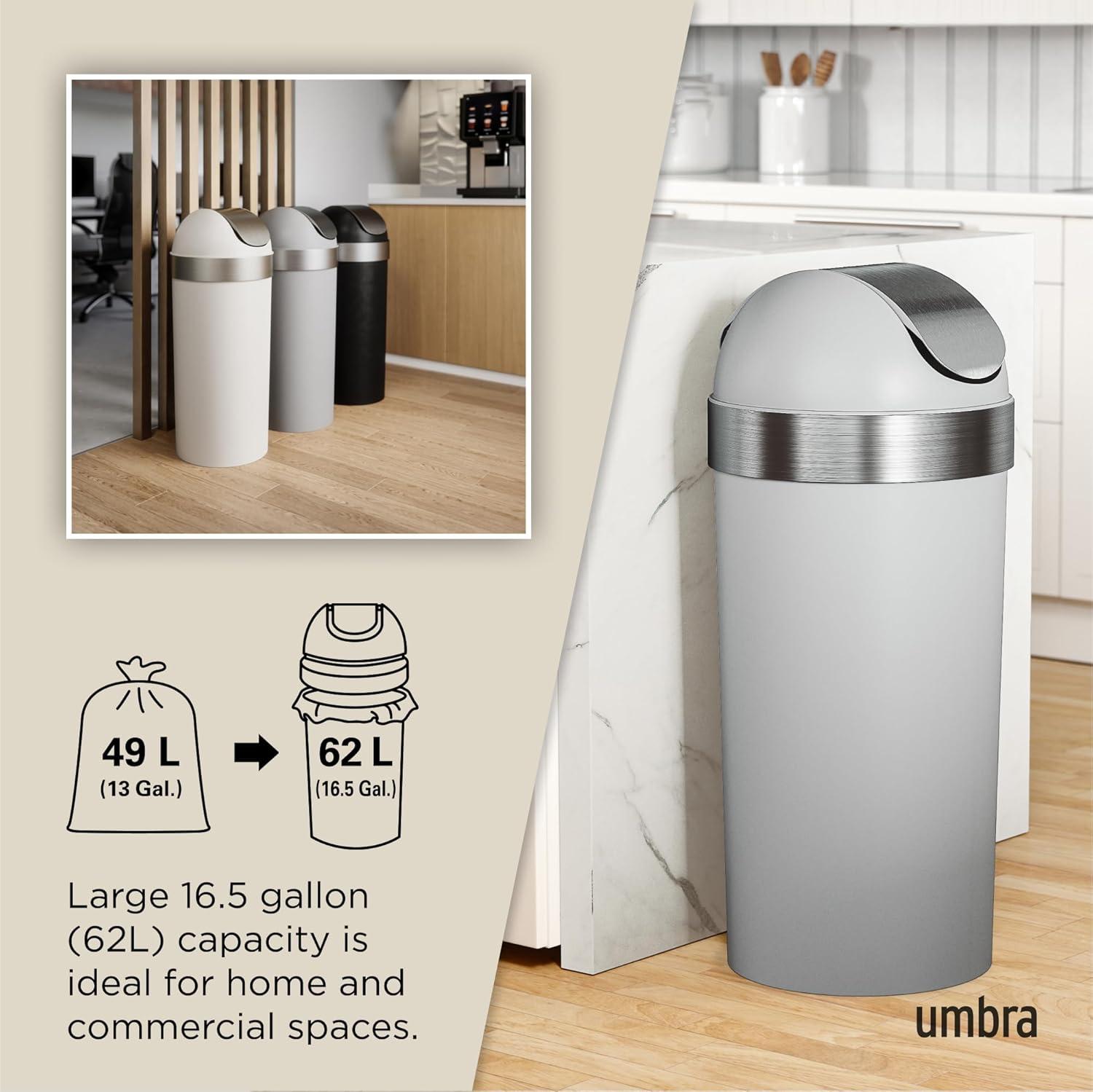 Umbra 16.5gal Venti Can Gray/Nickel: Indoor Swing-Top Trash Can, Polypropylene, 35" Height, 14.6" Width, 5.6 lbs