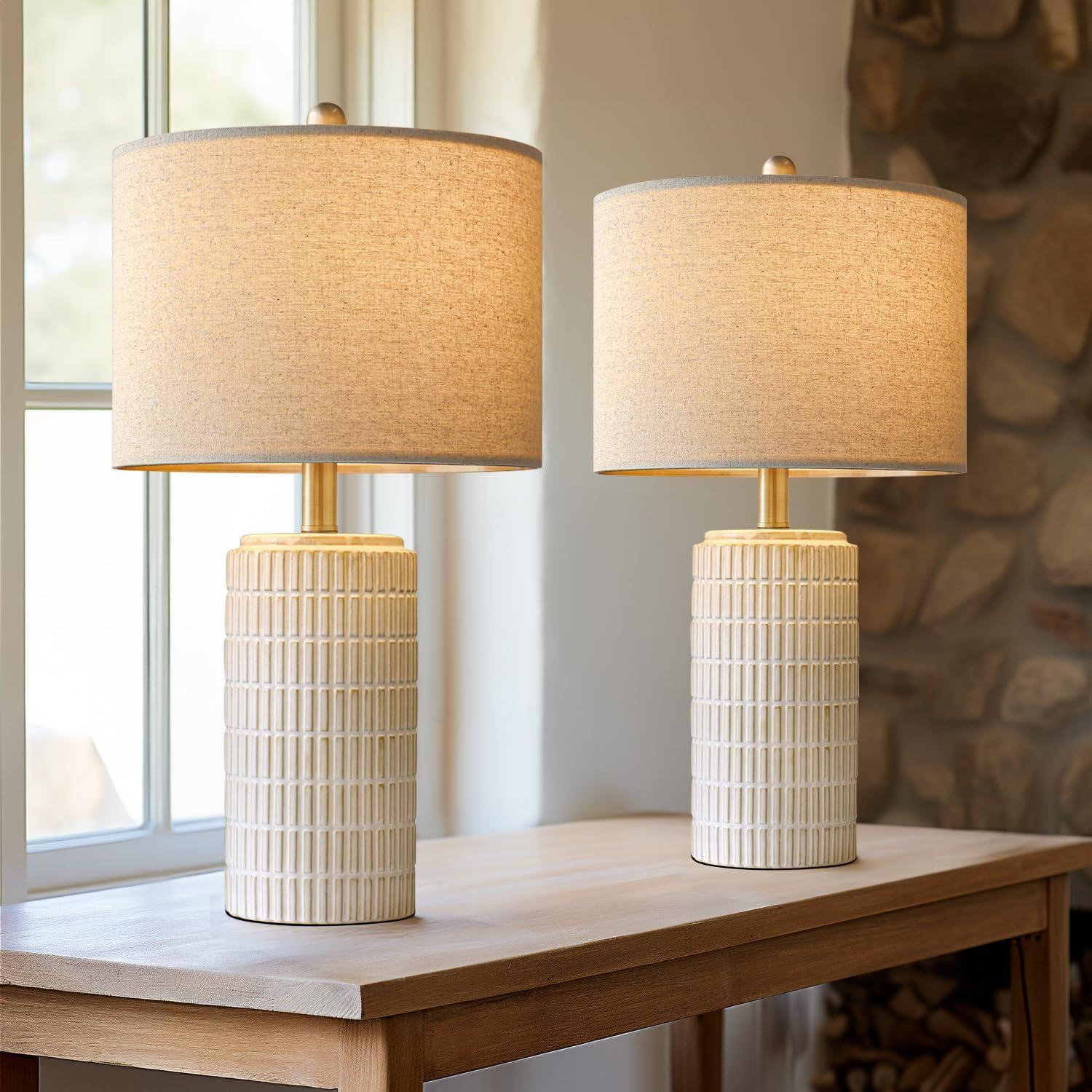 23" Modern Ceramic Table Lamp Set of 2 for Living Room White Desk Lamps for Bedroom Farmhouse Bedside Nightstand Bedside Lamp End Table Lamps Beige