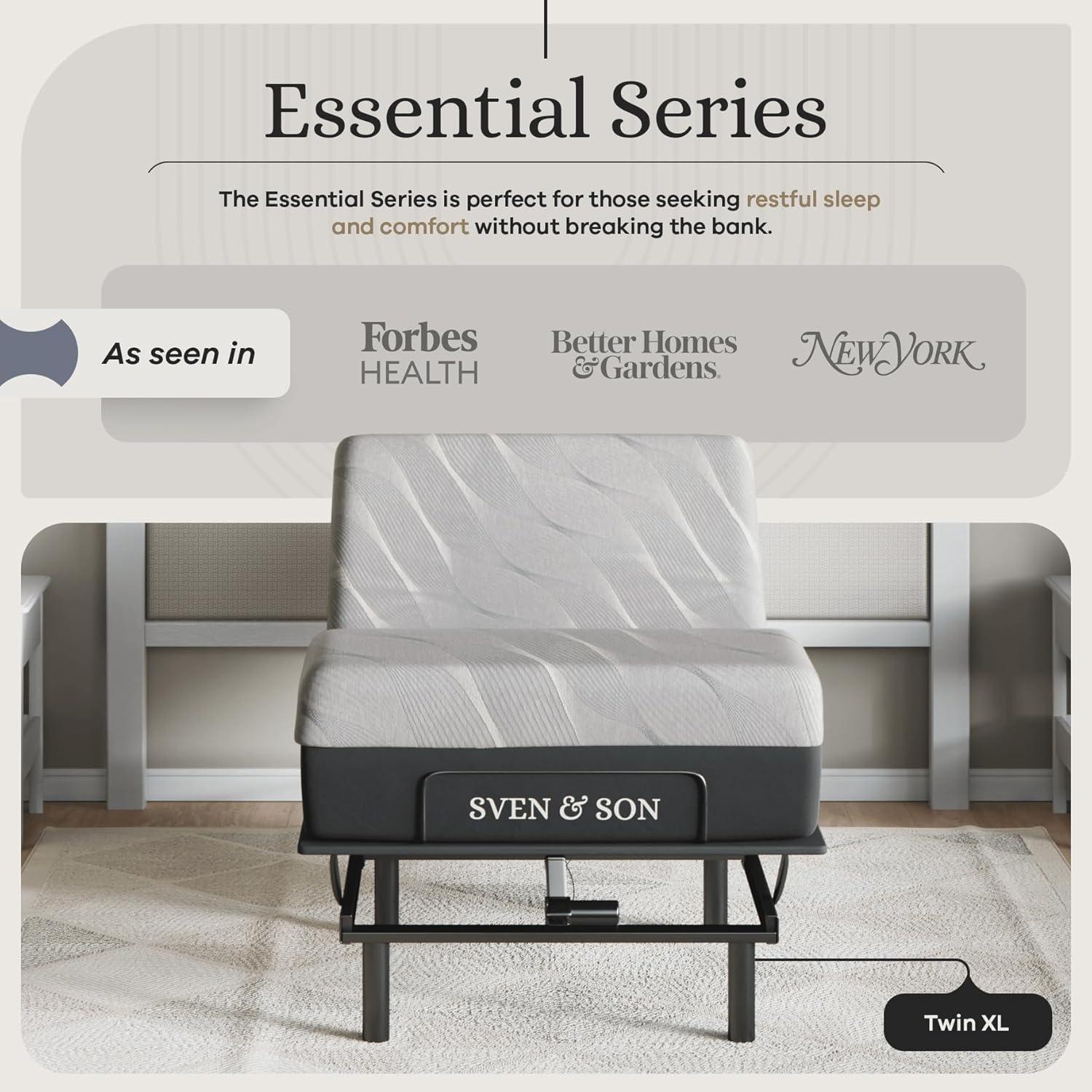 Sven & Son Essential Adjustable Bed Base (Frame) + 12 in Memory Foam Matt (Medium), Easy Assembly, Head and Foot Lift, Memory Positions, Zero Gravity, Wireless Remote - Twin XL