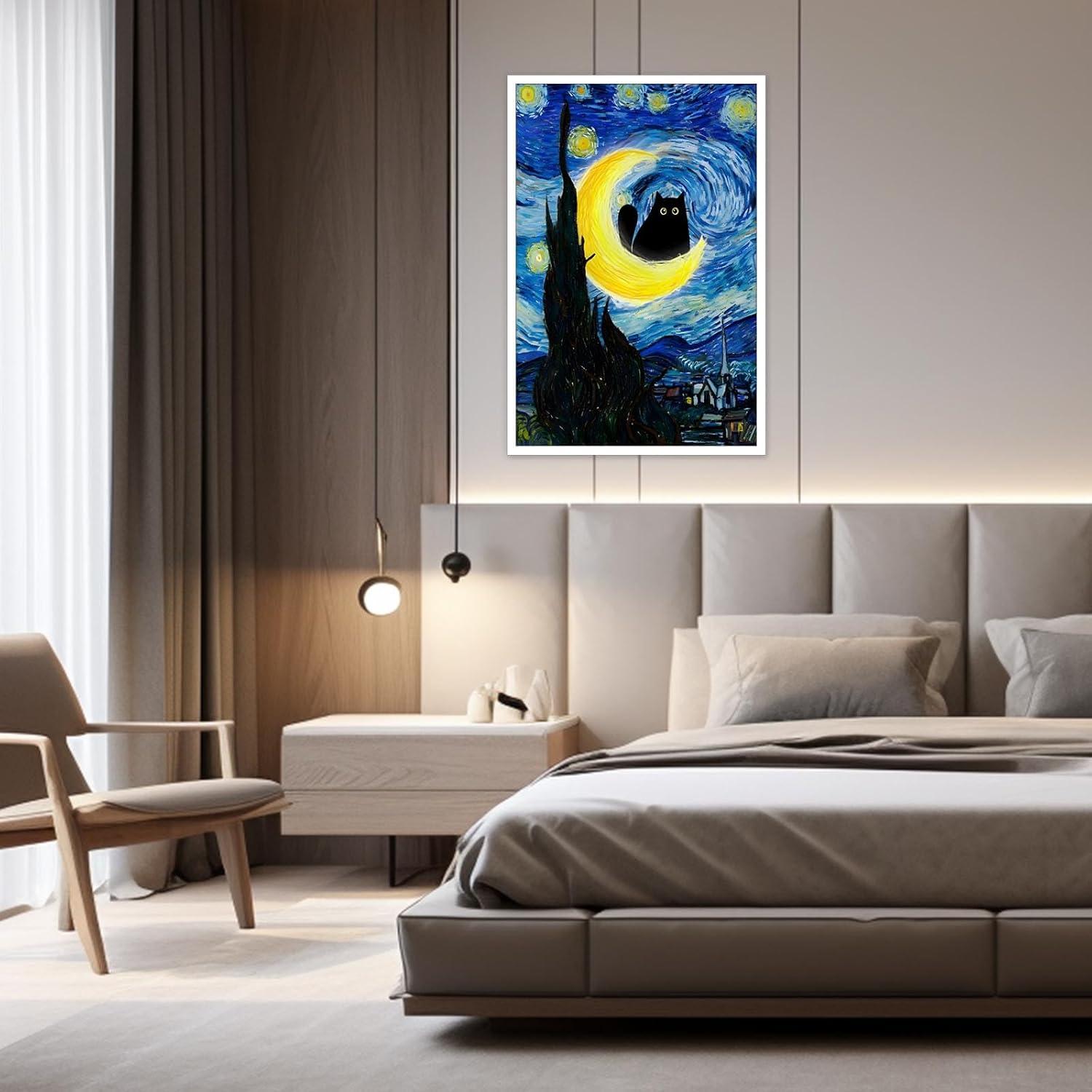 Starry Night Black Cat Canvas Wall Art 12x16