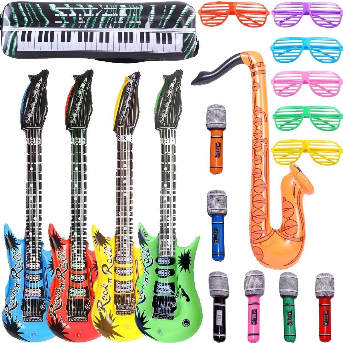 OuMuaMua Inflatable Rock Star Toy Set, 18 Pack Inflatable Party Props - 4 Inflatable Guitar, 6 Microphones, 6 Shutter Shading Glasses, 1 Saxophone and 1 Inflatable Keyboard Piano Inflatable Rock Toys