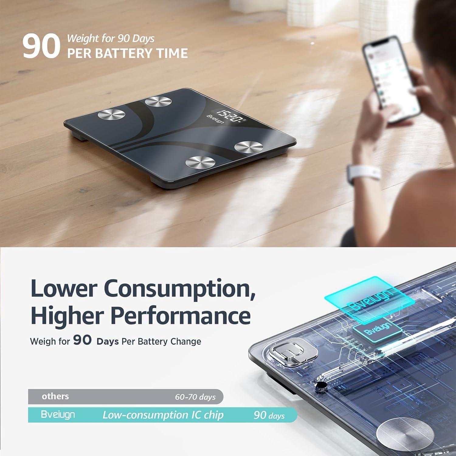 Body Fat Scale, Bveiugn Smart Scale for Body Weight BMI Digital Bathroom Wireless Scales, Body Composition Analyzer with Health Monitor Sync Apps, 400 lbs - Black