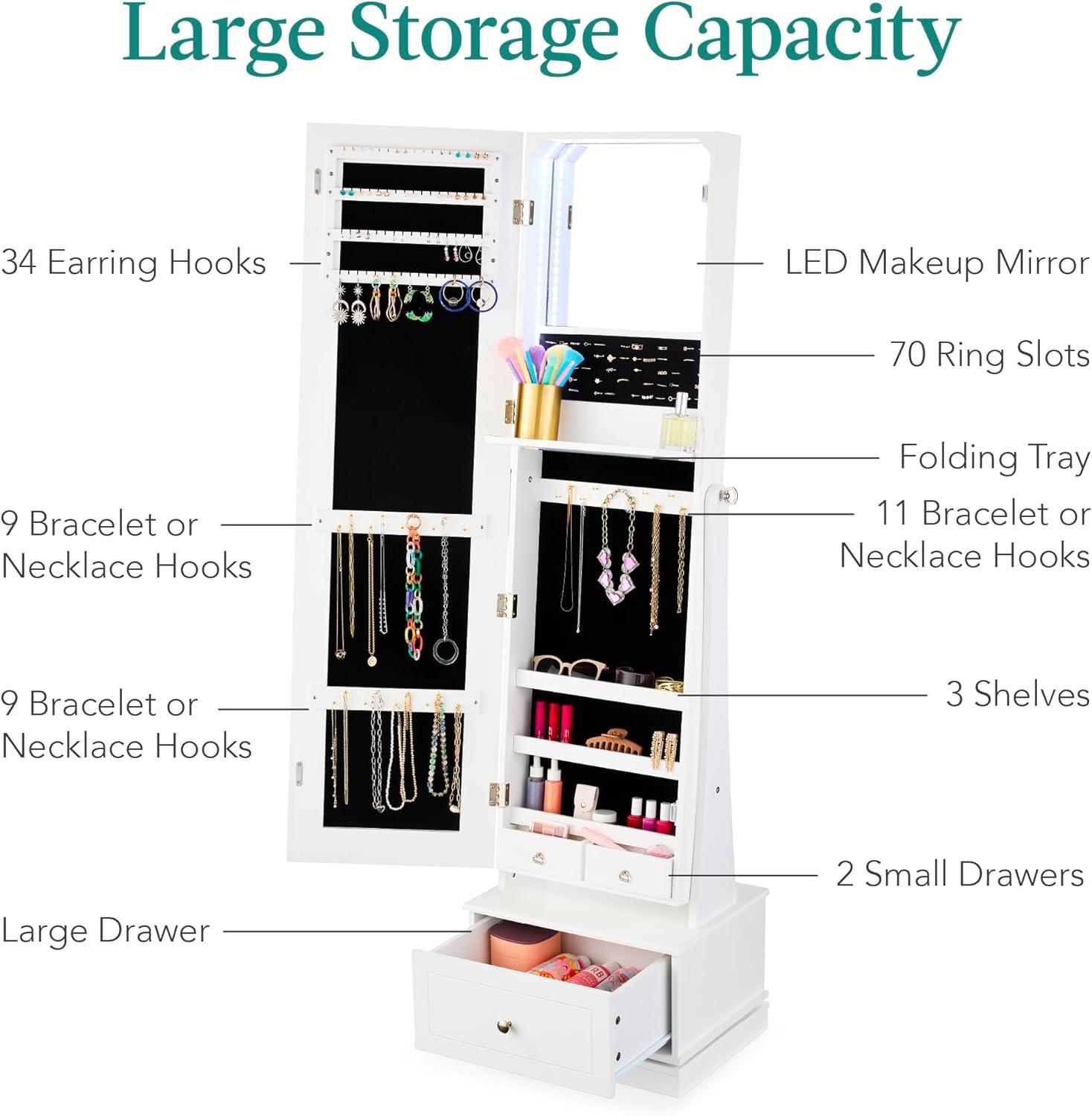 Best Choice Products 360 Swivel Standing Mirrored Jewelry Cabinet, LED-Lit Makeup Organizer w/ Mirror - White