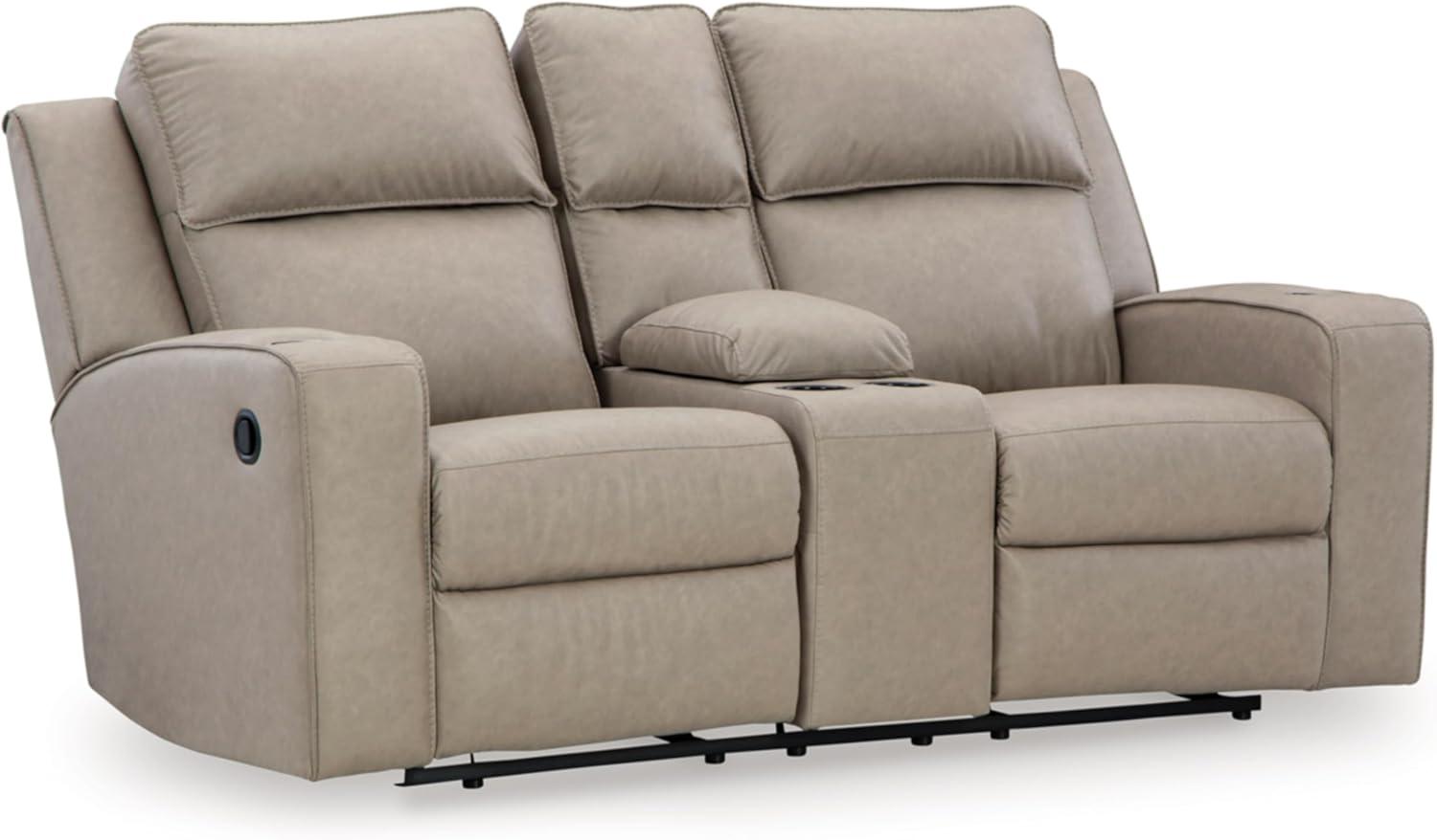 Beige Faux Leather Reclining Loveseat with Storage and Cup Holders