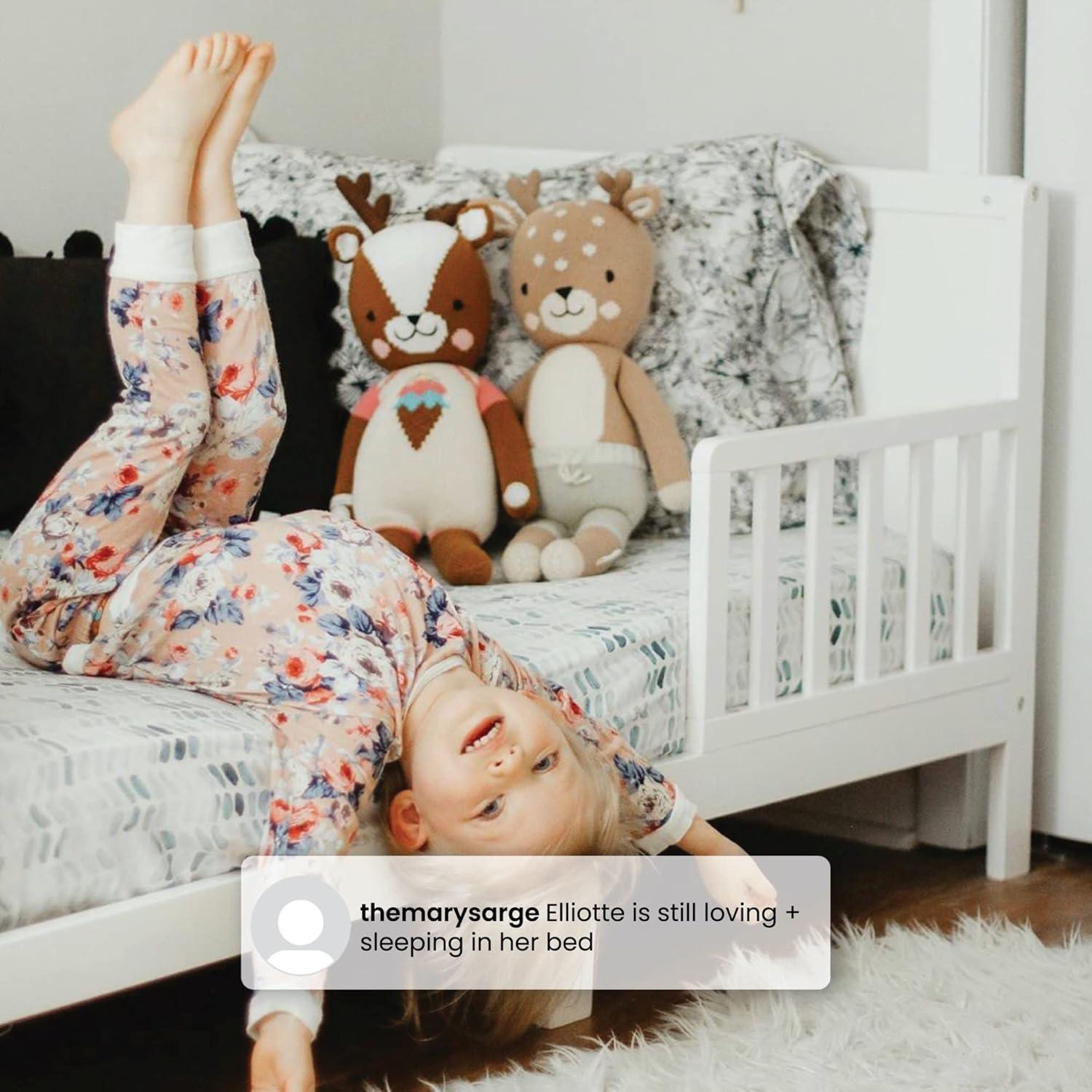 White Wood Toddler Bed with Guardrails and Headboard