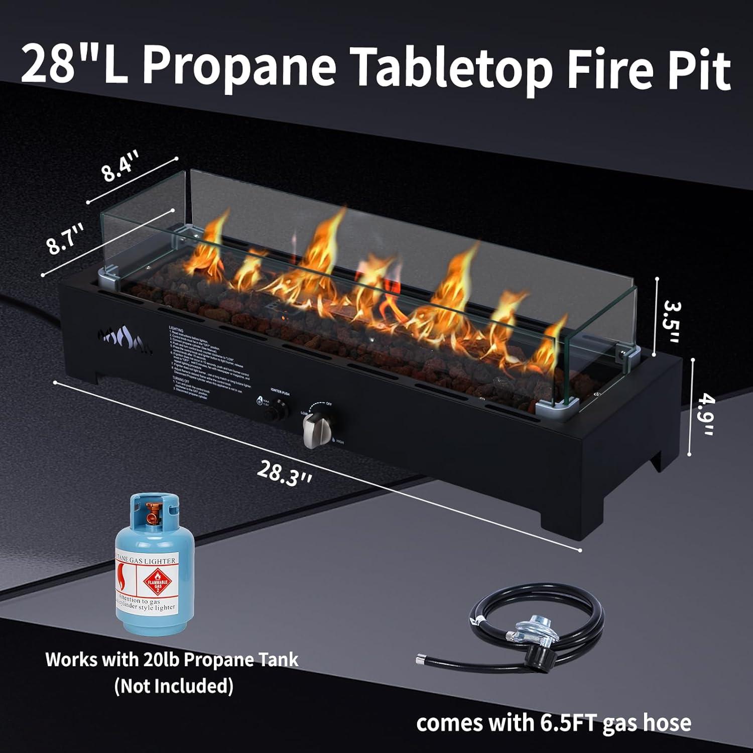 Kselythan 28'' TabletopFire Pit Table,Outdoor Portable Fireplace Rectangular Fire Bowl,Heat Pit Table With Lava Rocks And Glass Wind Guard,Outdoor Rectangular Smokeless Fire Table,For Hiking Camping