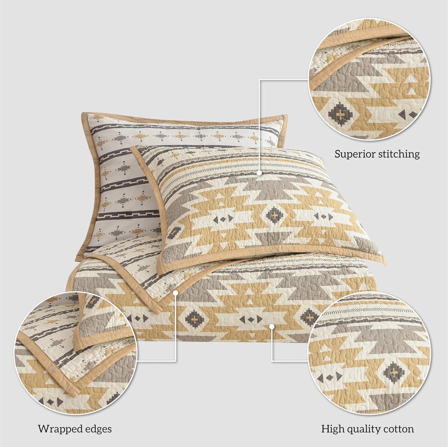 Paseo Road by HiEnd Accents Desert Sage Gray/Tan/White Aztec Print Cotton Southwestern Style Reversible Quilt Set