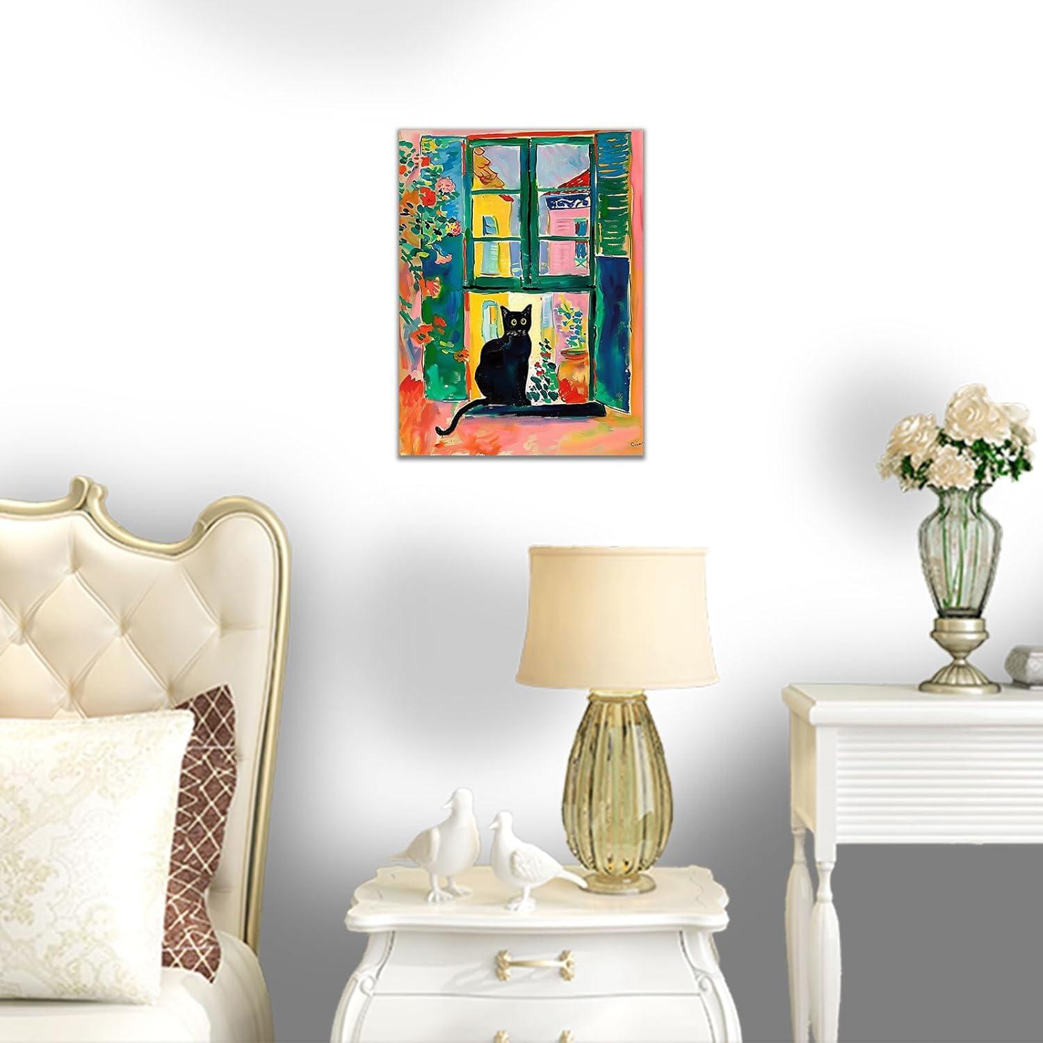 Henri Matisse Oil Paintings on Canvas Wall Art Matisse Famous Open Window Black Cat Poster Funny Cat Floral Print Colorful Farmhouse Gallery Aesthetic Room Decor for Bedroom Bathroom 12x16in Unframed