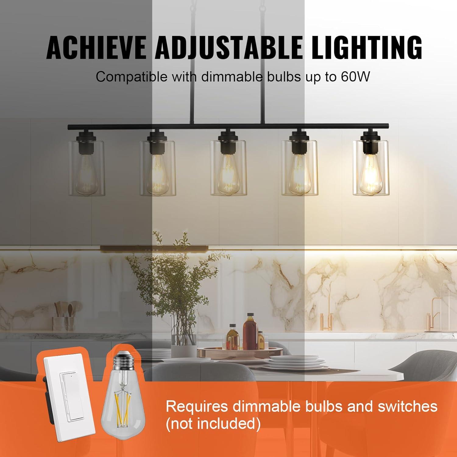 VEVOR 5-Light Adjustable Kitchen Island Pendant Light - 60W E26 Bulbs for Dining Room