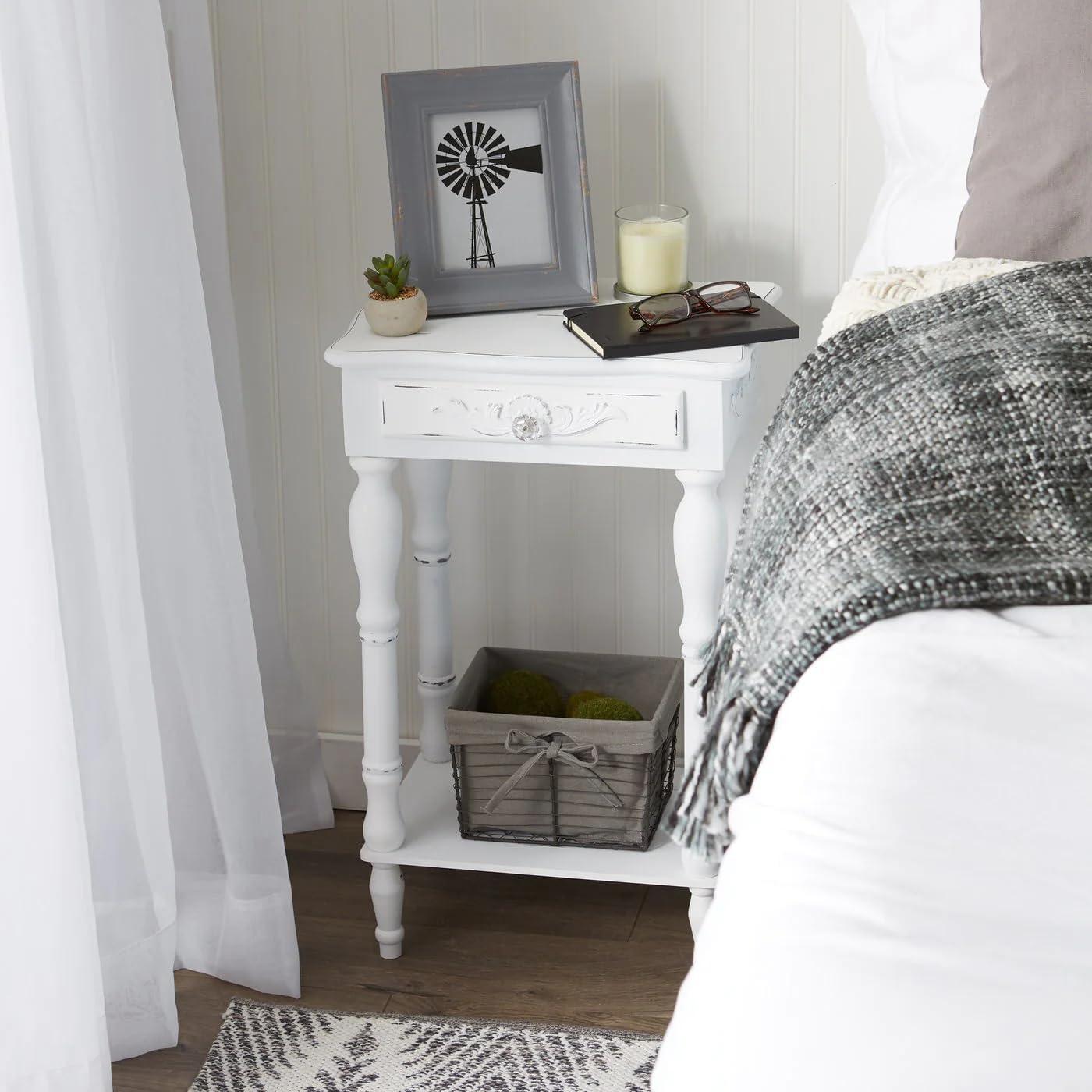 Emmeline Distressed White Wood Accent Table with Storage Drawer