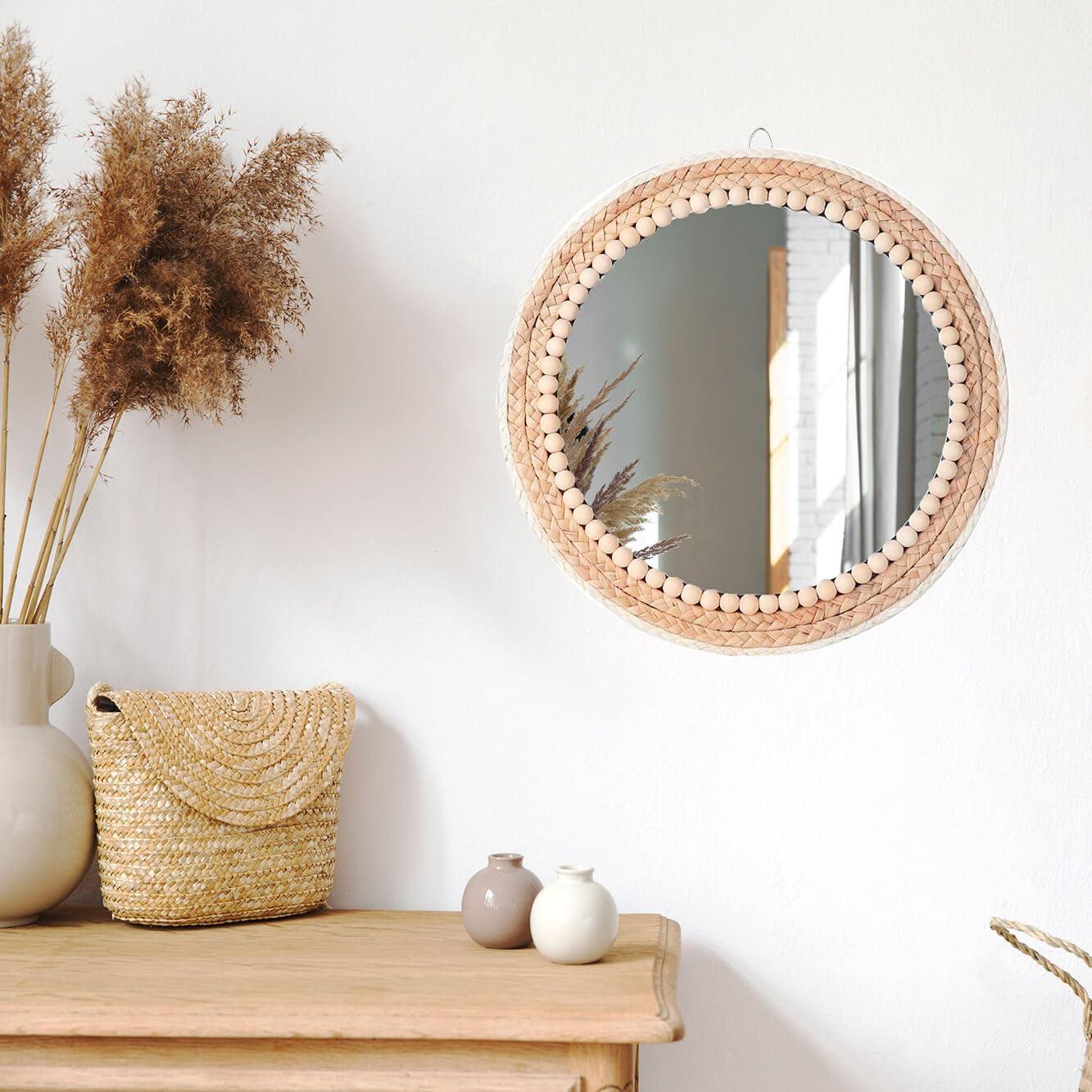 Boho Round Rattan and Wood Bead Wall Mirror, 15 Inch