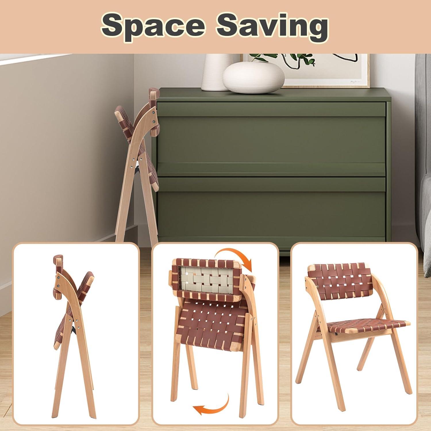 Folding Chairs Set of 2, Wooden Foldable Dining Chairs, Stackable Folding Extra Chair with Breathable Leather-Woven Design for Indoor & Outdoor, Brown