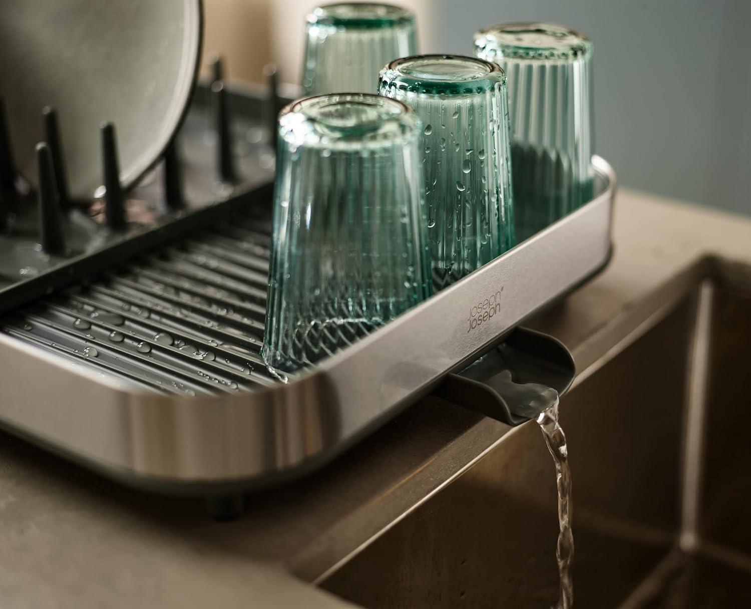 Expandable Stainless Steel and Gray Plastic Dish Rack with Utensil Cup