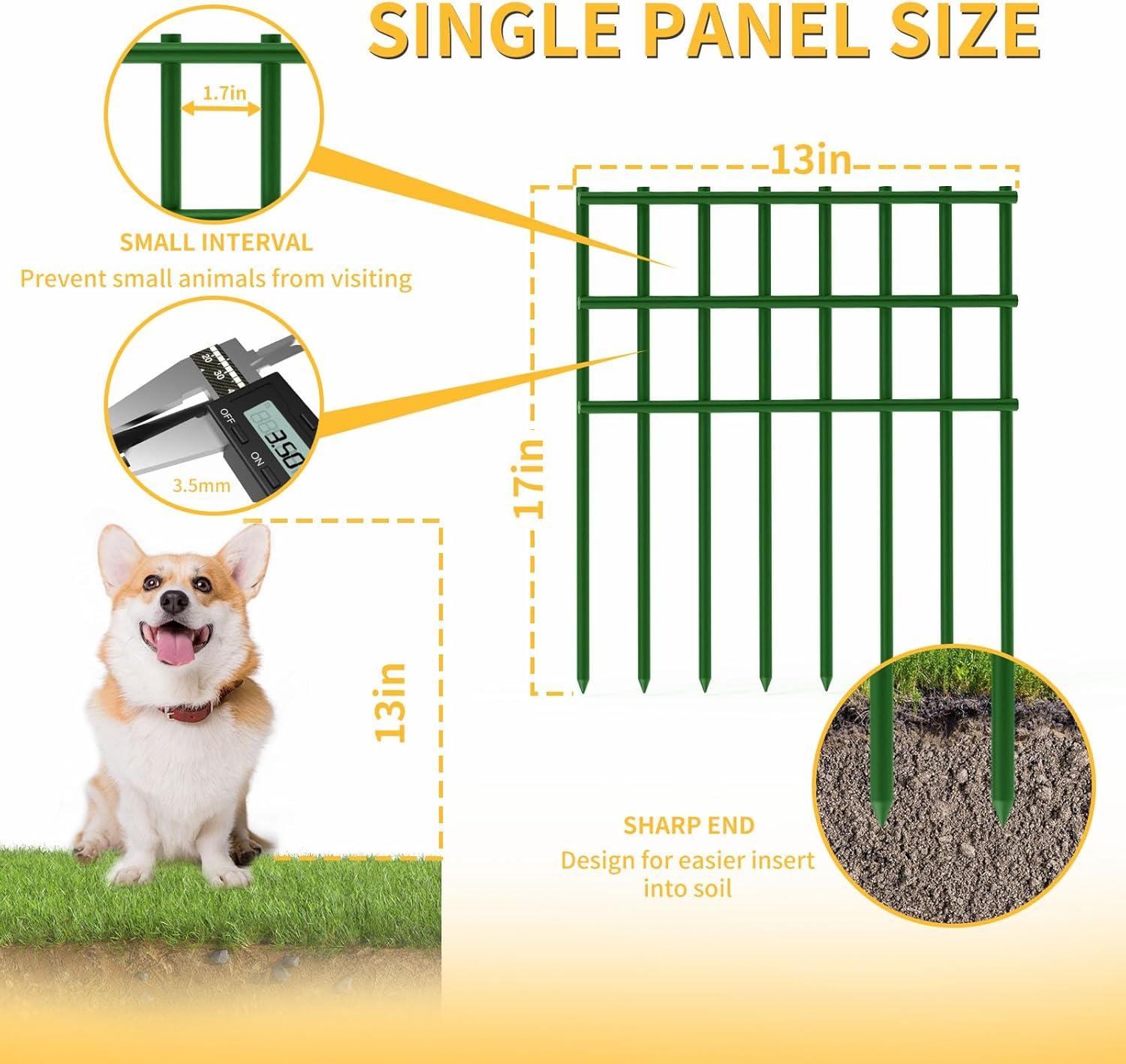 10 Pack Garden Fencing Animal Barrier, 10.8ft(L) X 17in(H) No Dig Fence Panels, 1.25in Spike Spacing Rustproof Dog Digging Fence Barrier, Dogs Rabbits Blocker Fence for Outdoor Yard