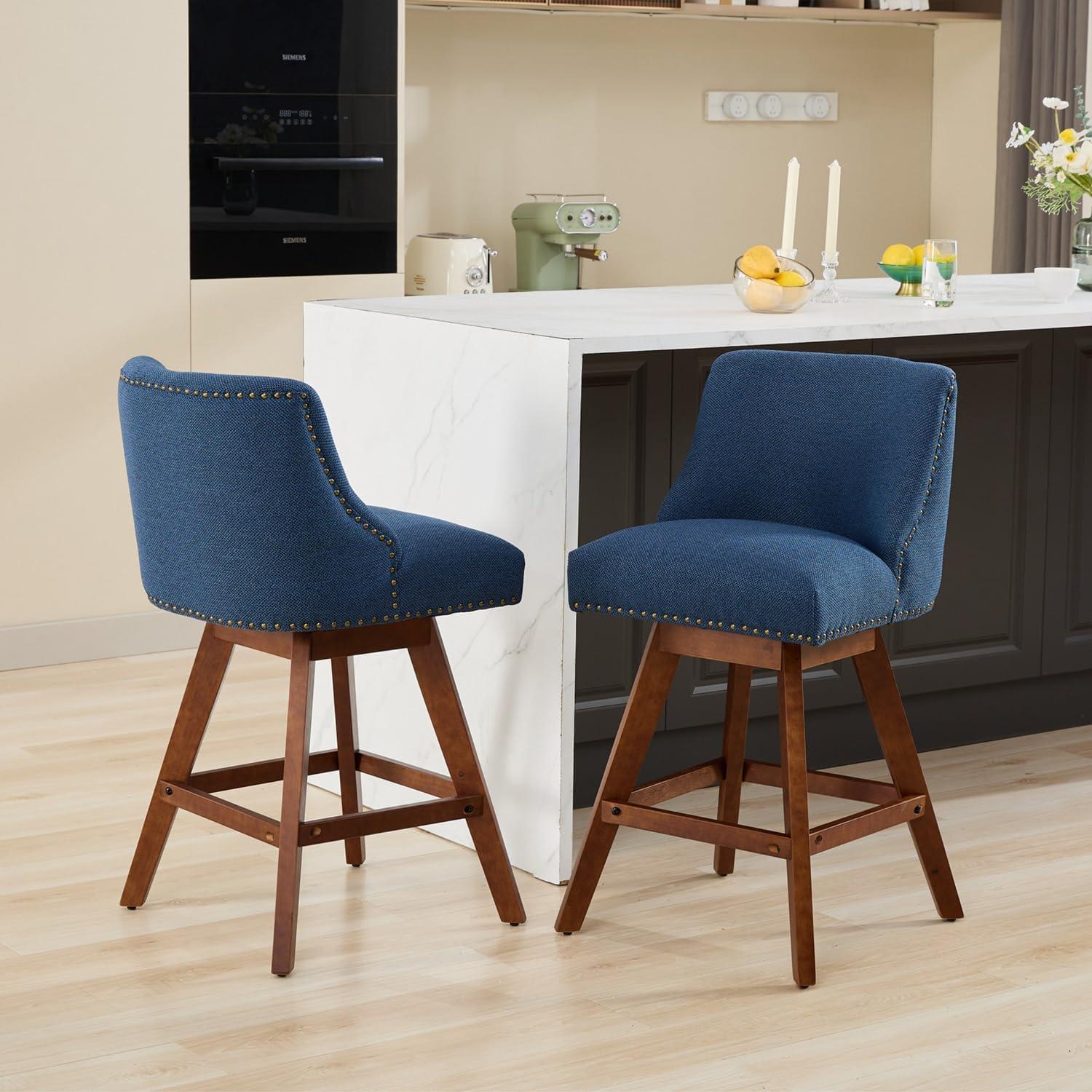 26" Swivel Bar Stools Set of 2, Modern Linen Fabric Counter Stools with Backs and Nail Head Design, Upholstered Barstools with Wood Frame for Kitchen Island, Beige