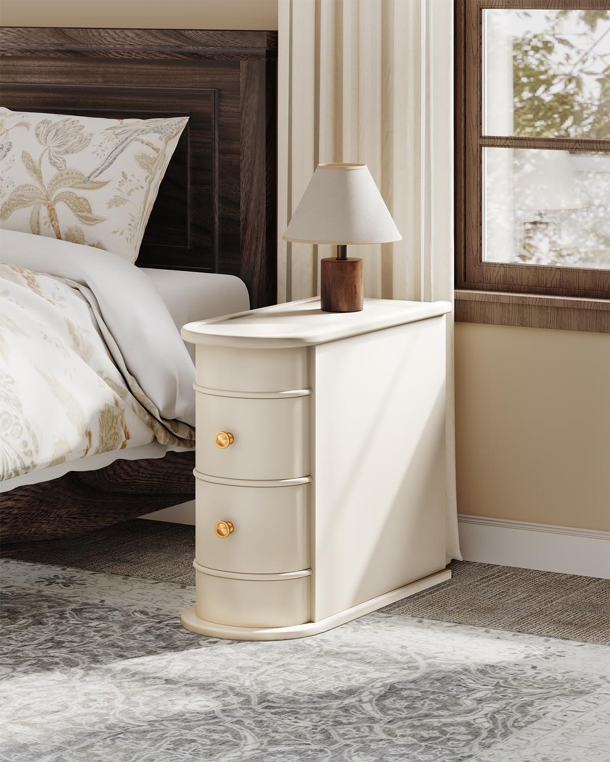 Hommoo Wood Narrow Nightstand with 2 Drawers Off-White