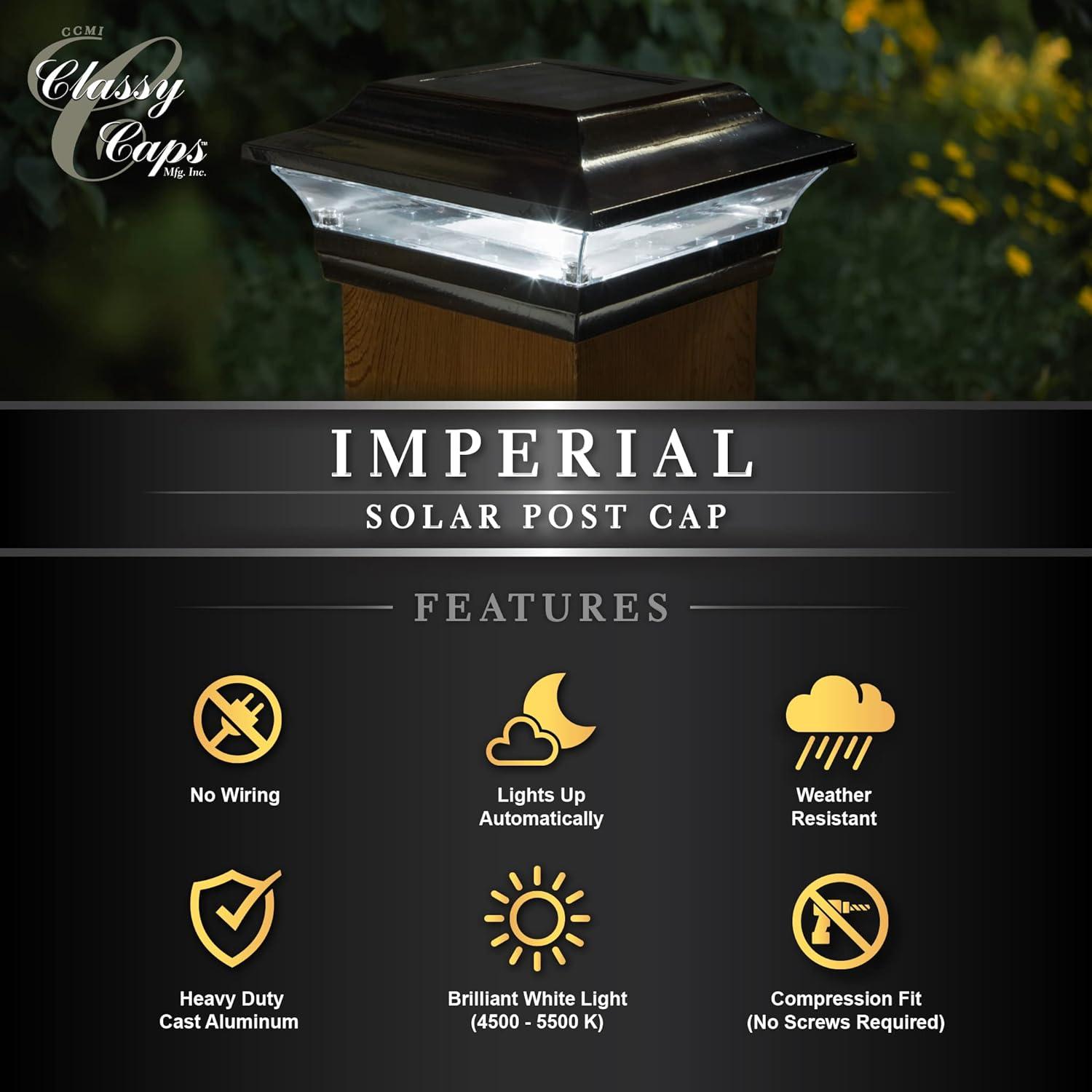 Classy Caps Sl214 Imperial 7" Wide Led Solar Post Cap Light That Fits 5" X 5" Post - Black