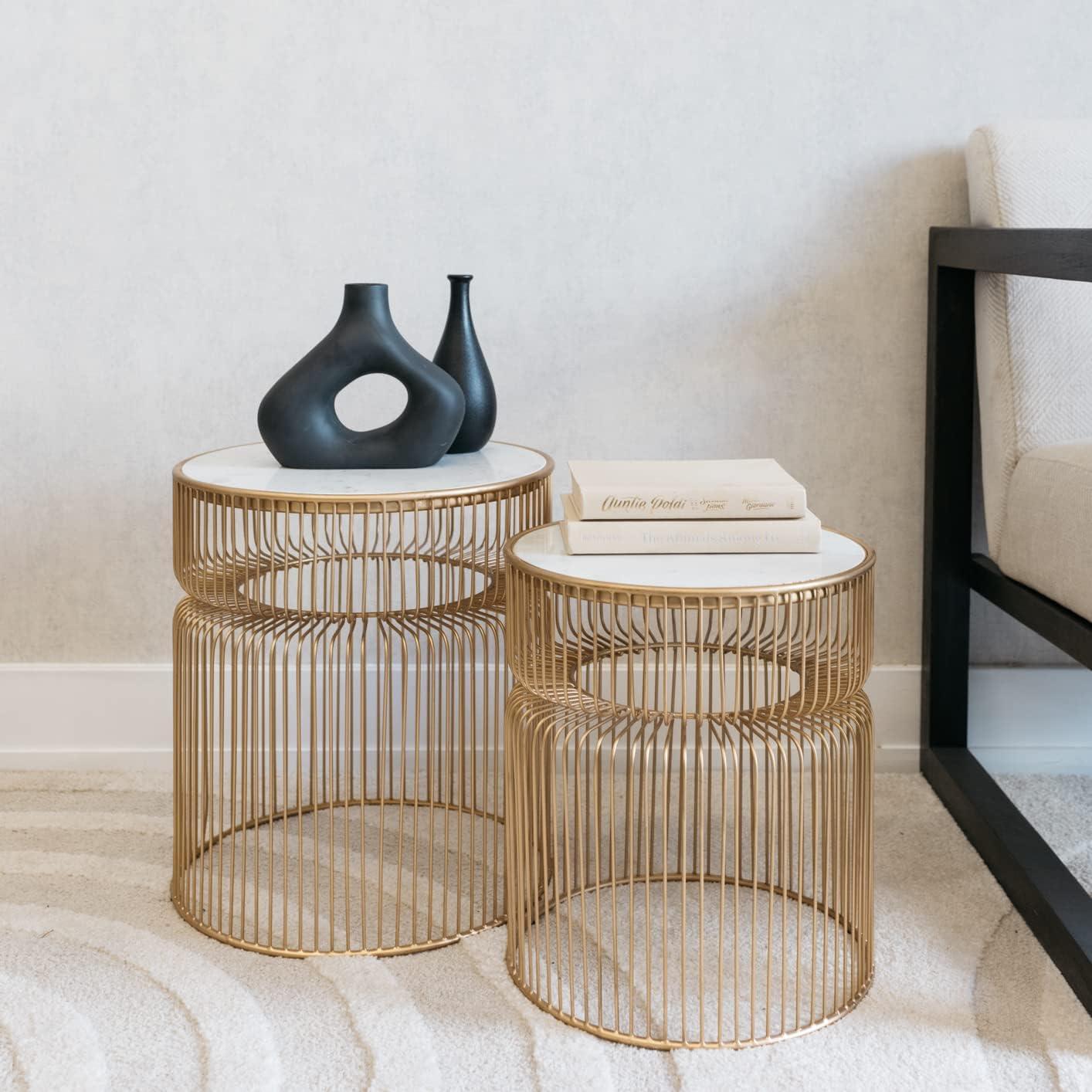 Transitional Gold & White Marble Round Side Table Set