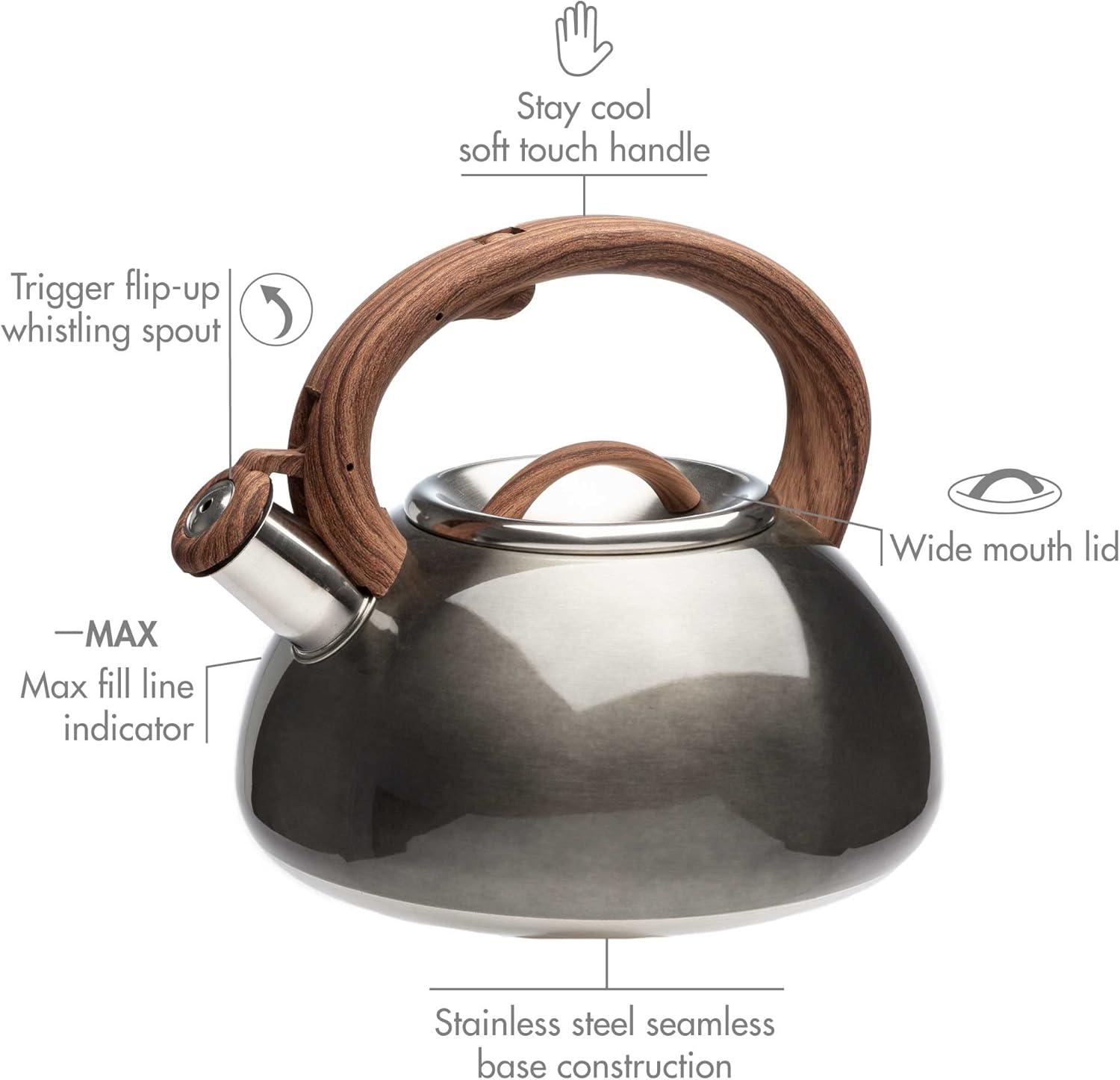 Primula Avalon 2.5 Qt. Stainless Steel Whistling Kettle with Dark Woodgrain Finish Handle - Metallic Gunmetal