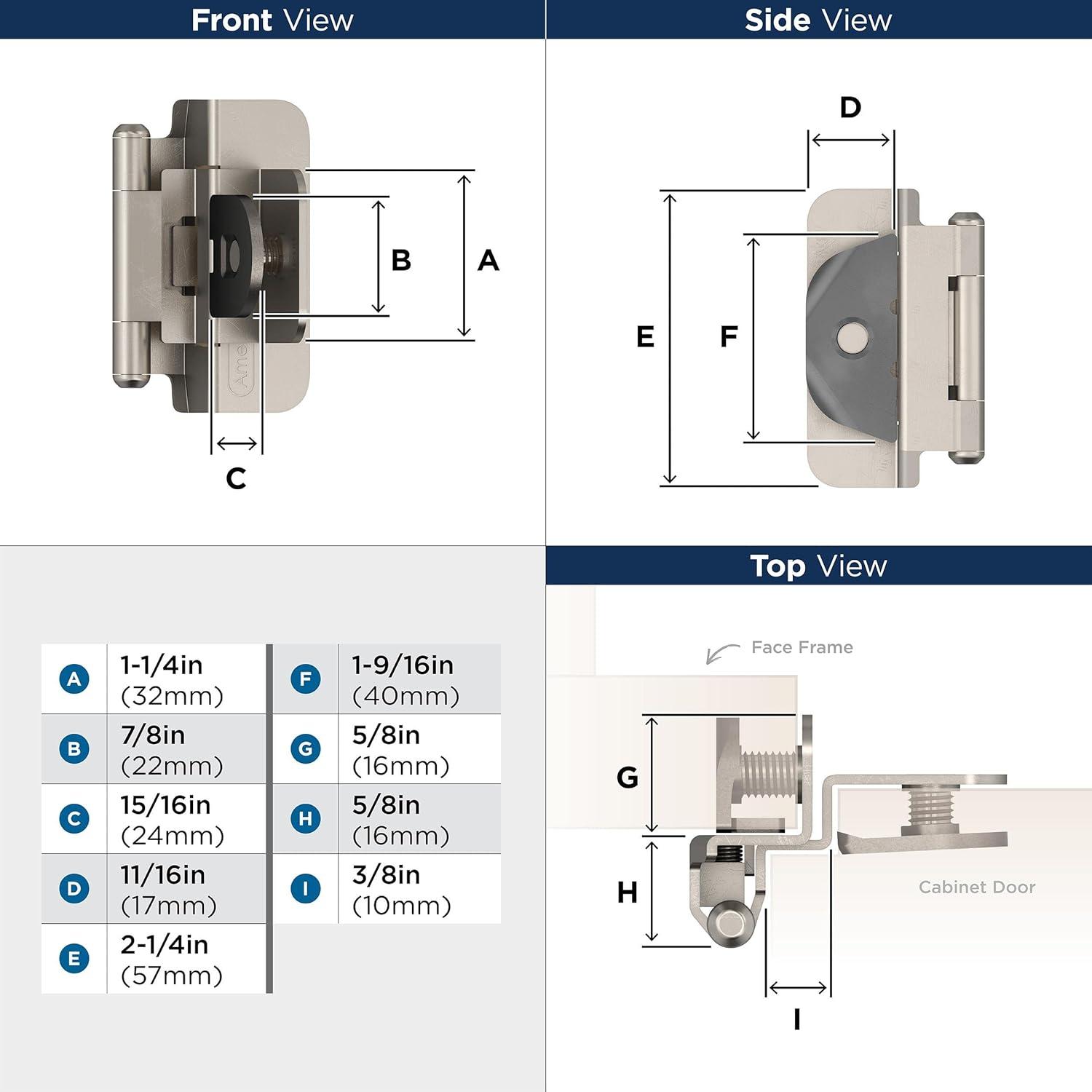 Amerock | Double Demountable Cabinet Hinge | 3/8 inch (10 mm) Inset Hinge | Satin Nickel | 2 Pack | Self-Closing Hinge | Cabinet Door Hinge