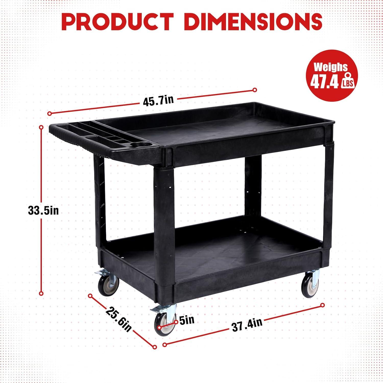 Black Heavy Duty Polypropylene 2-Shelf Rolling Utility Cart with Ergonomic Handle